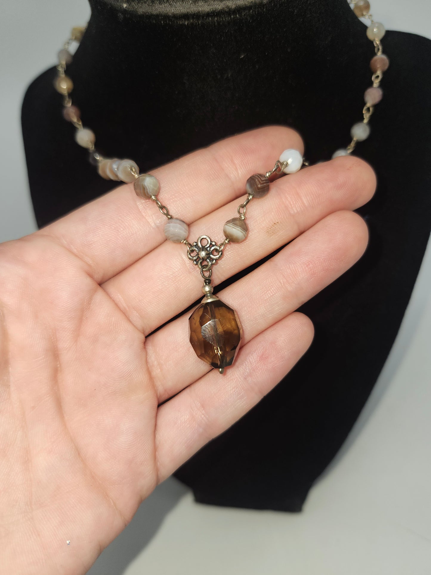 *925* Sterling Silver, Smoky Quartz & Polished Agate Beaded Necklace by Liza Shtromberg