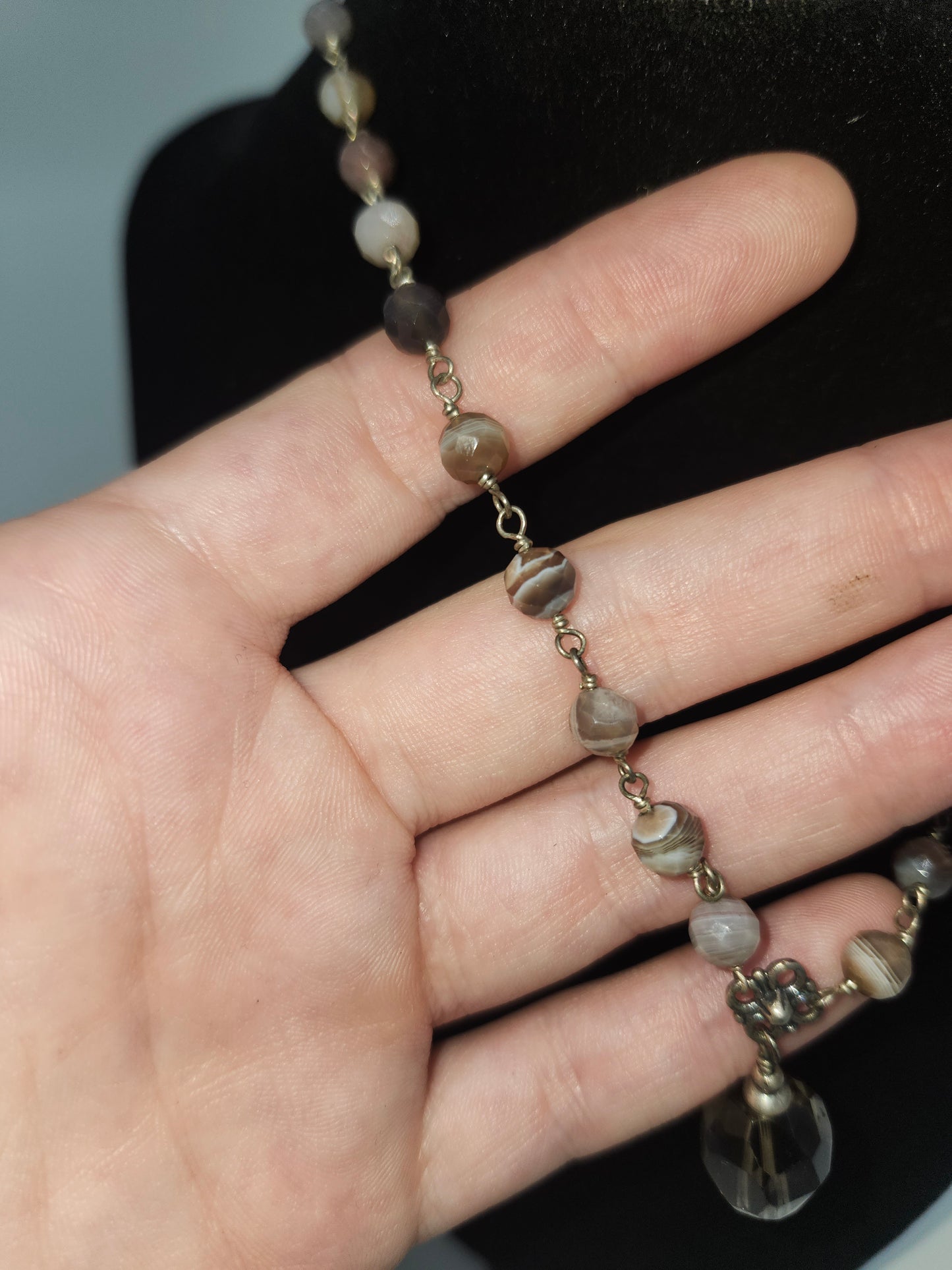 *925* Sterling Silver, Smoky Quartz & Polished Agate Beaded Necklace by Liza Shtromberg