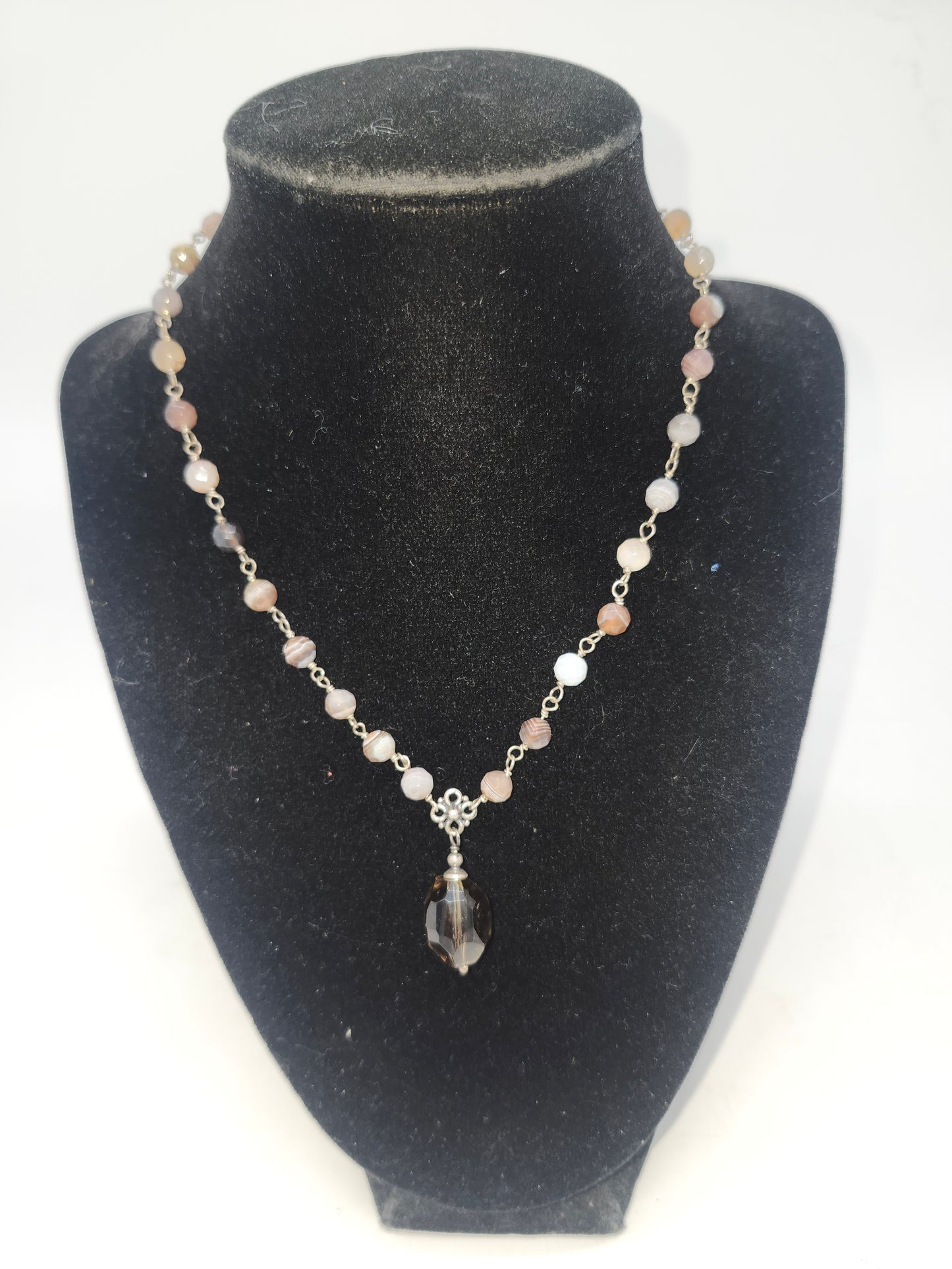 *925* Sterling Silver, Smoky Quartz & Polished Agate Beaded Necklace by Liza Shtromberg