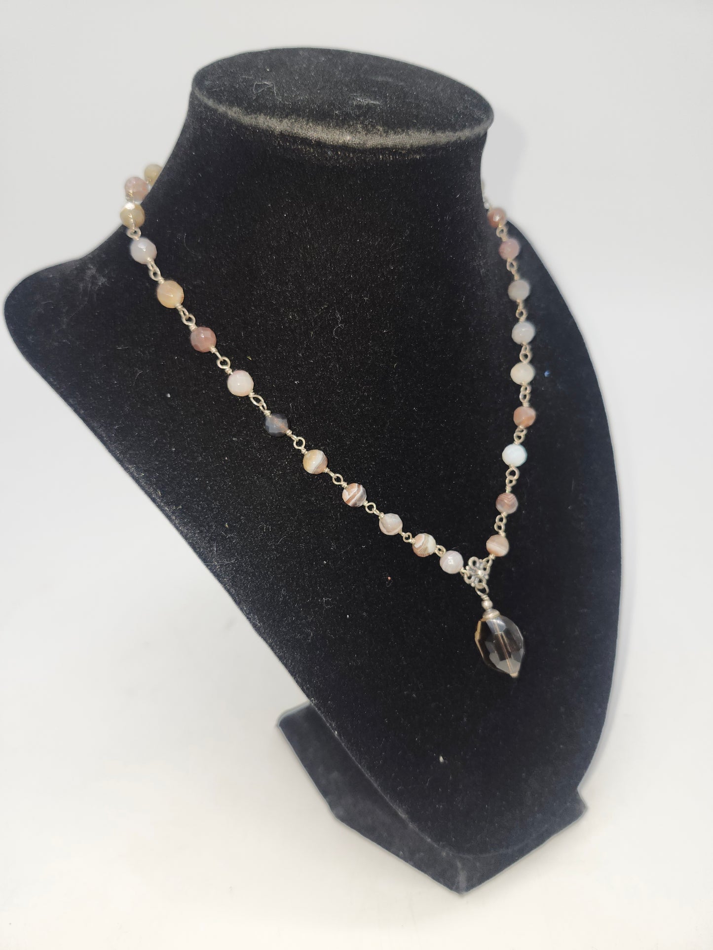 *925* Sterling Silver, Smoky Quartz & Polished Agate Beaded Necklace by Liza Shtromberg