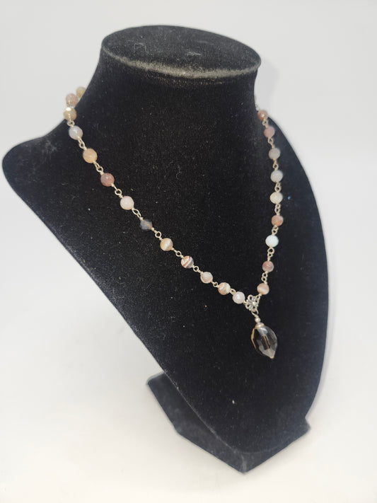 ~925~ Sterling Silver, Smoky Quartz & Polished Agate Beaded Necklace by Liza Shtromberg