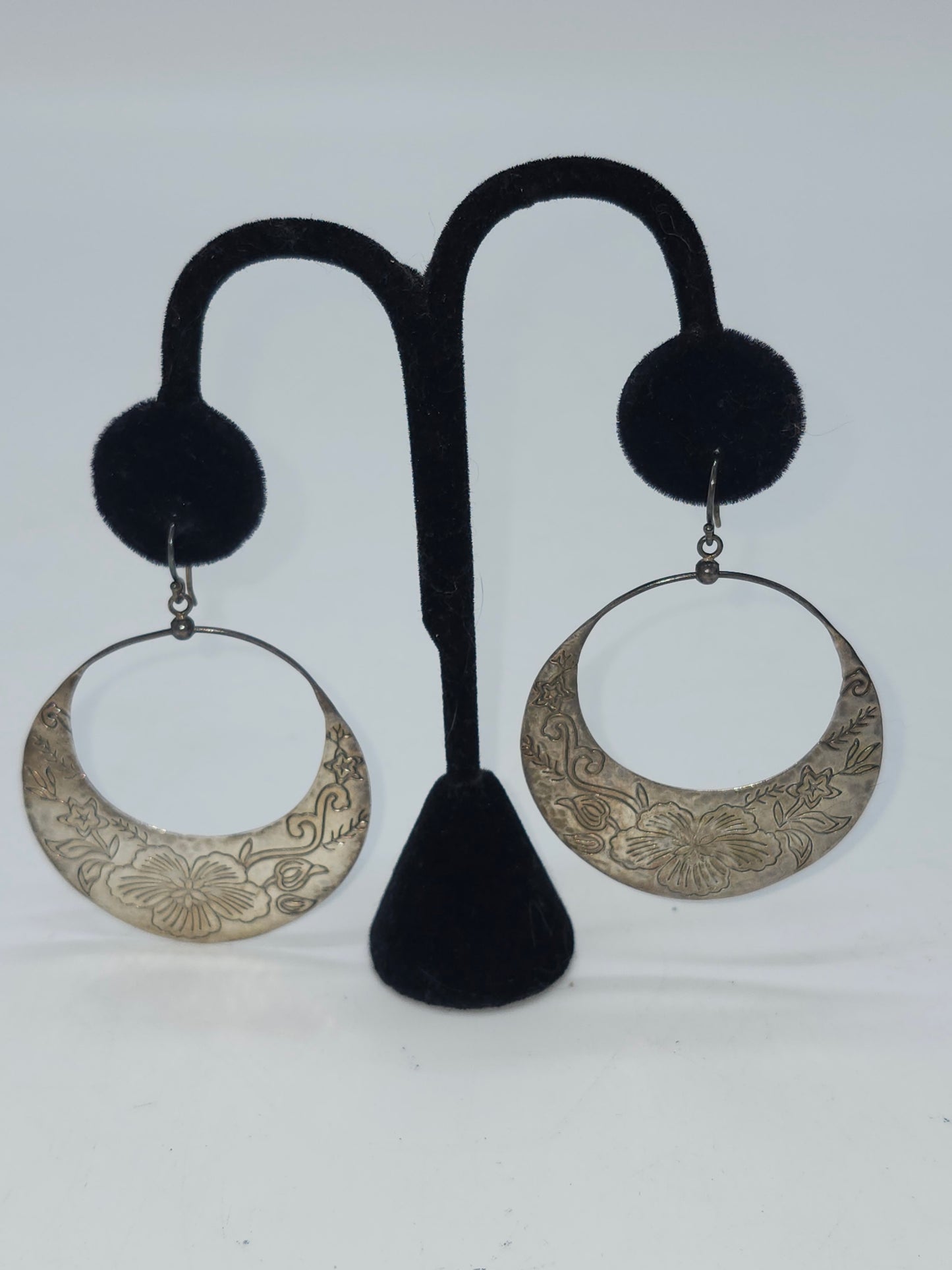 *925* Sterling Etched Floral Hoop Dangle Earrings