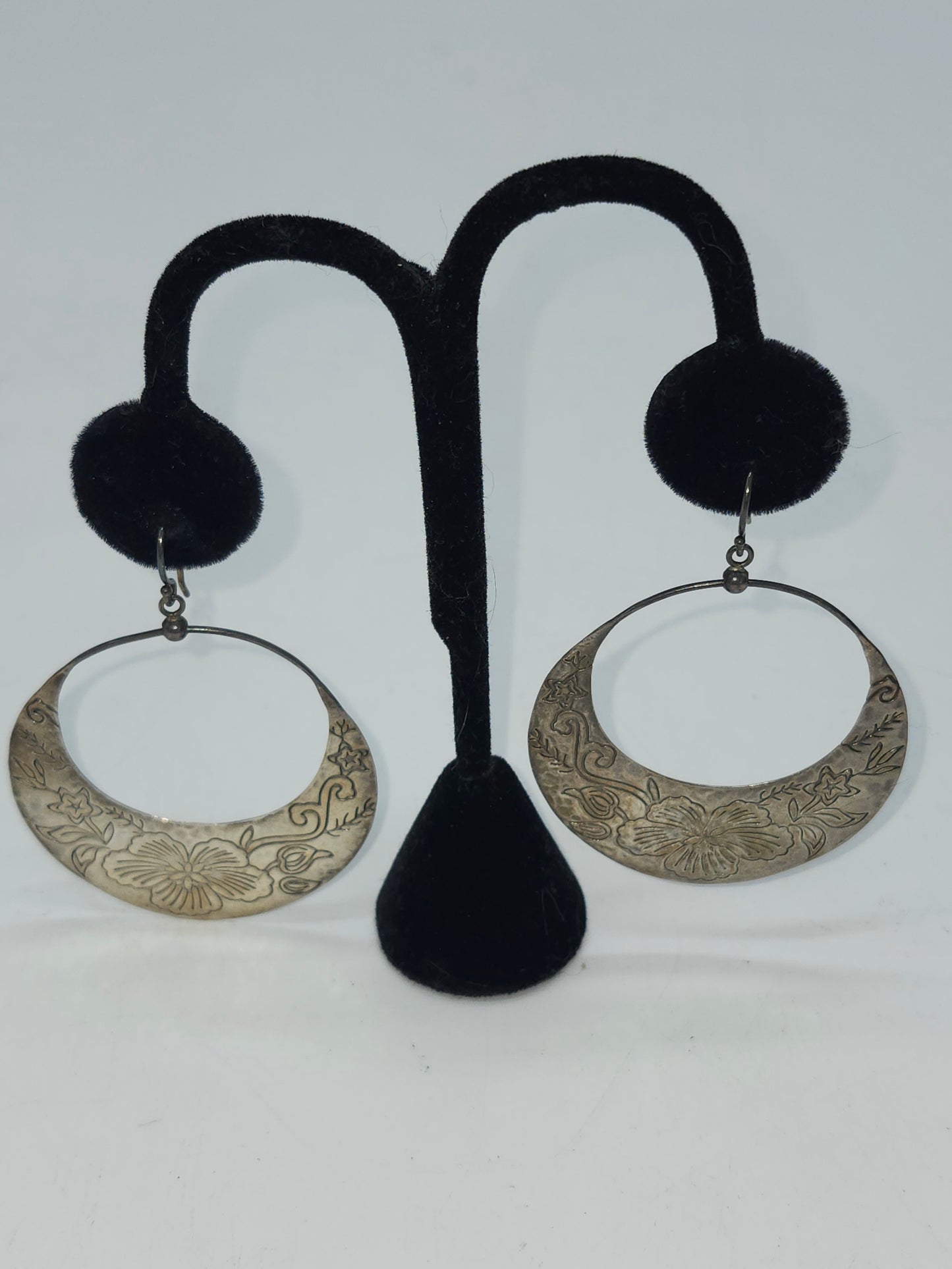*925* Sterling Etched Floral Hoop Dangle Earrings