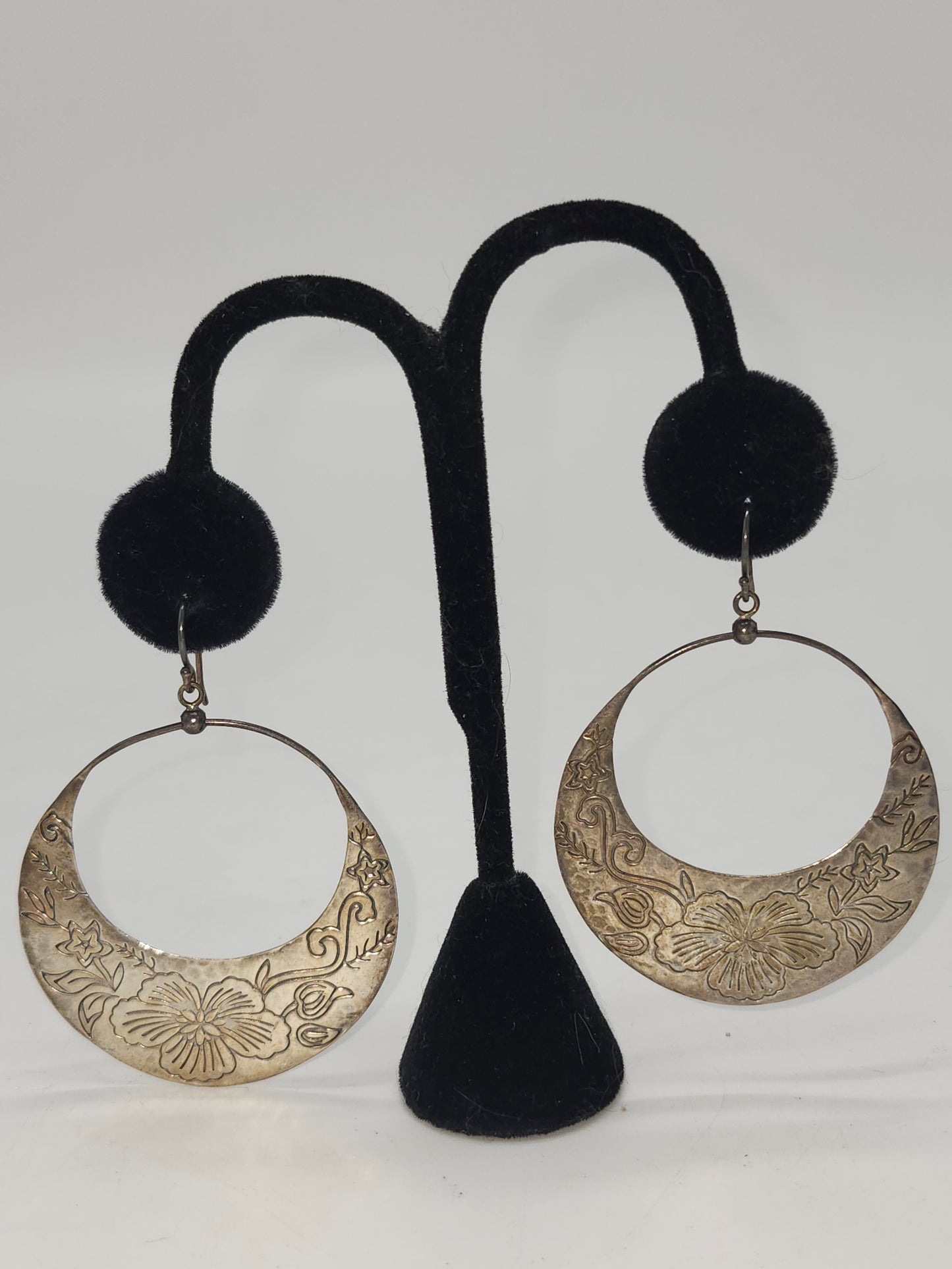 *925* Sterling Etched Floral Hoop Dangle Earrings
