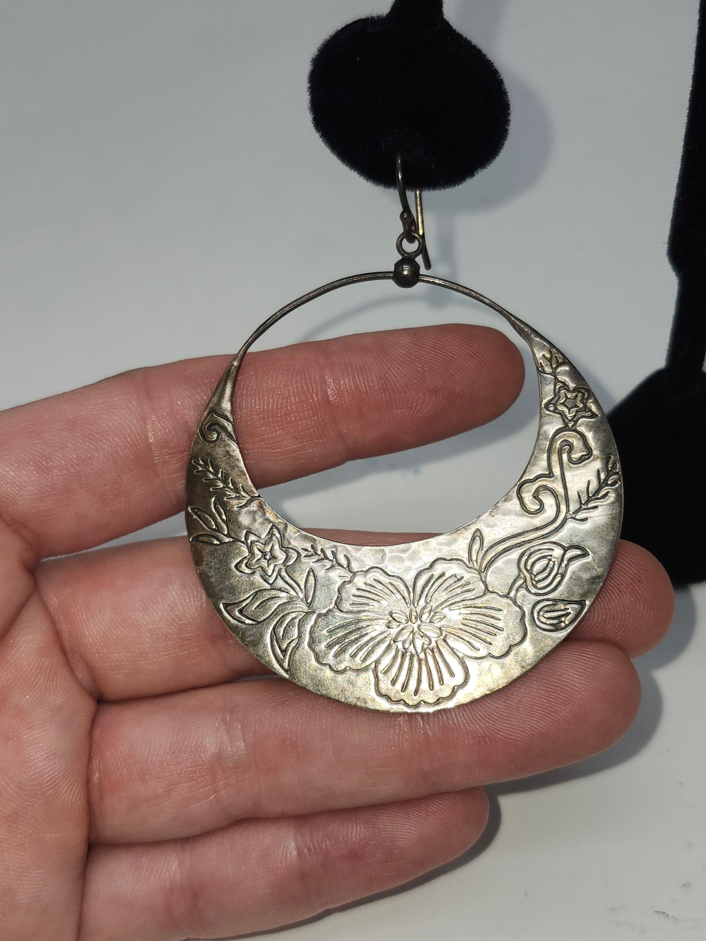 *925* Sterling Etched Floral Hoop Dangle Earrings