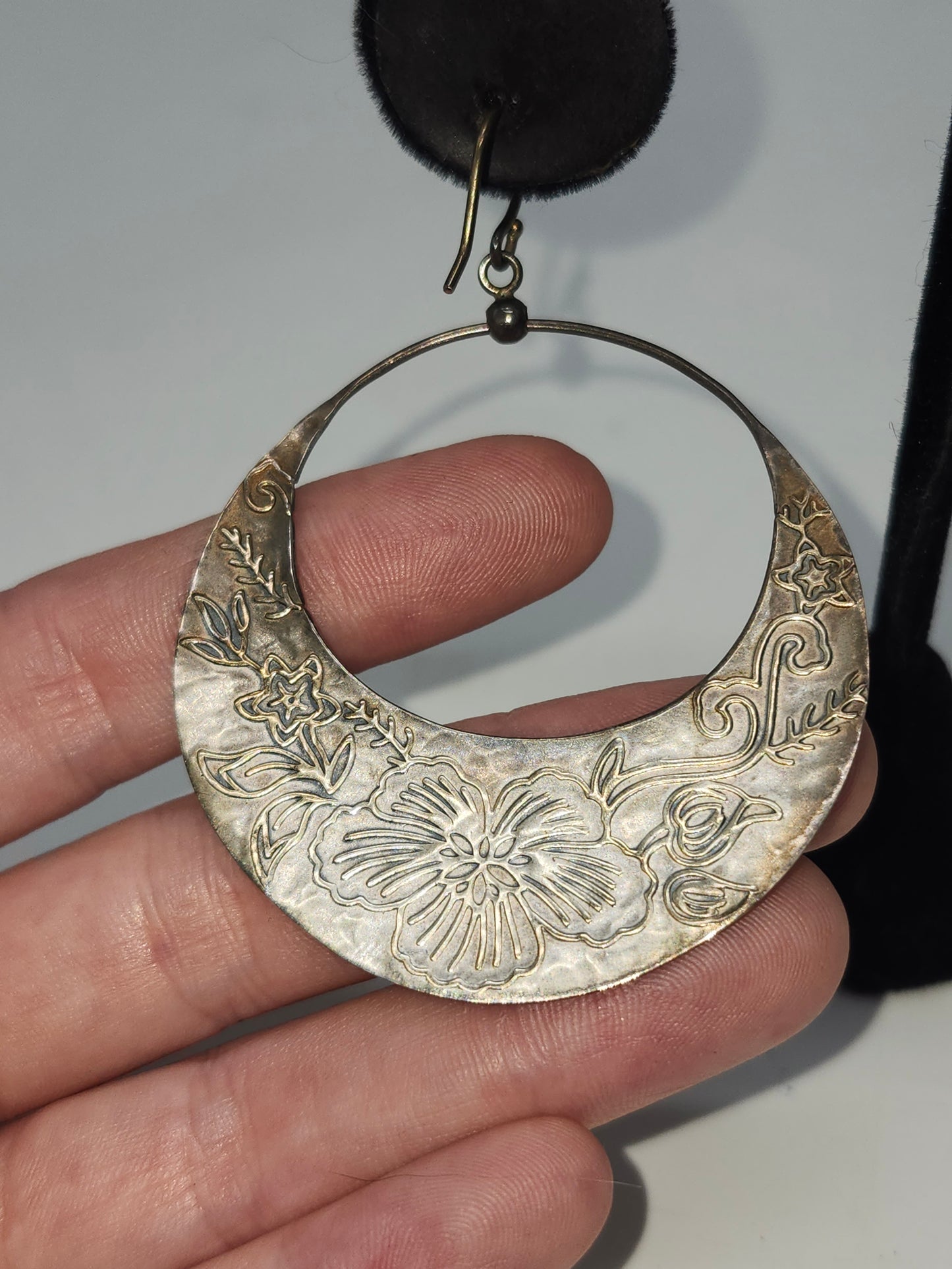 *925* Sterling Etched Floral Hoop Dangle Earrings