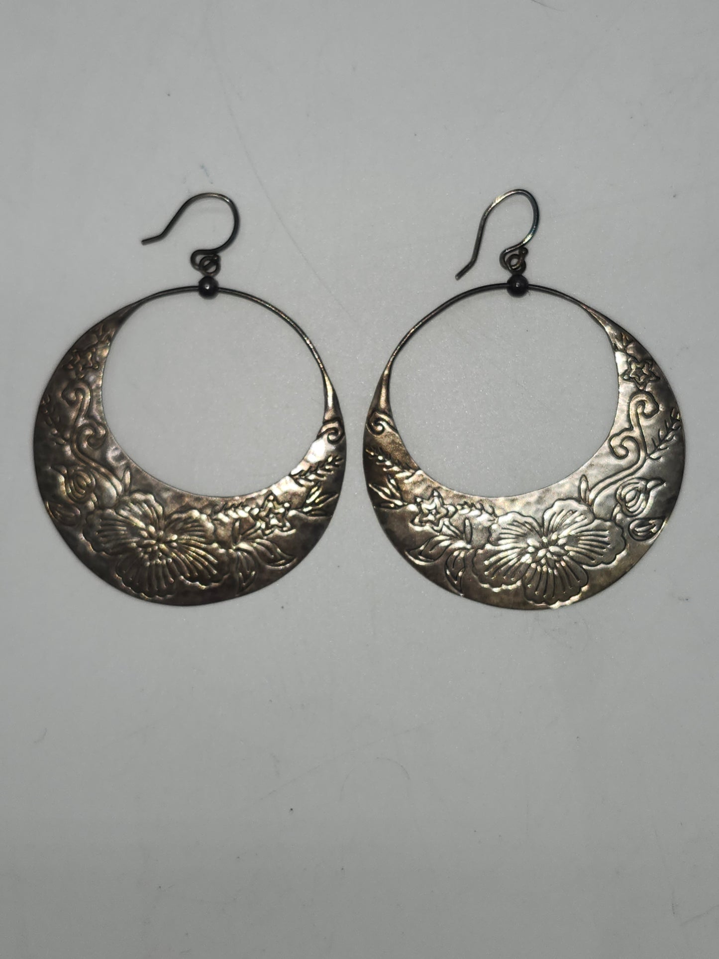 *925* Sterling Etched Floral Hoop Dangle Earrings