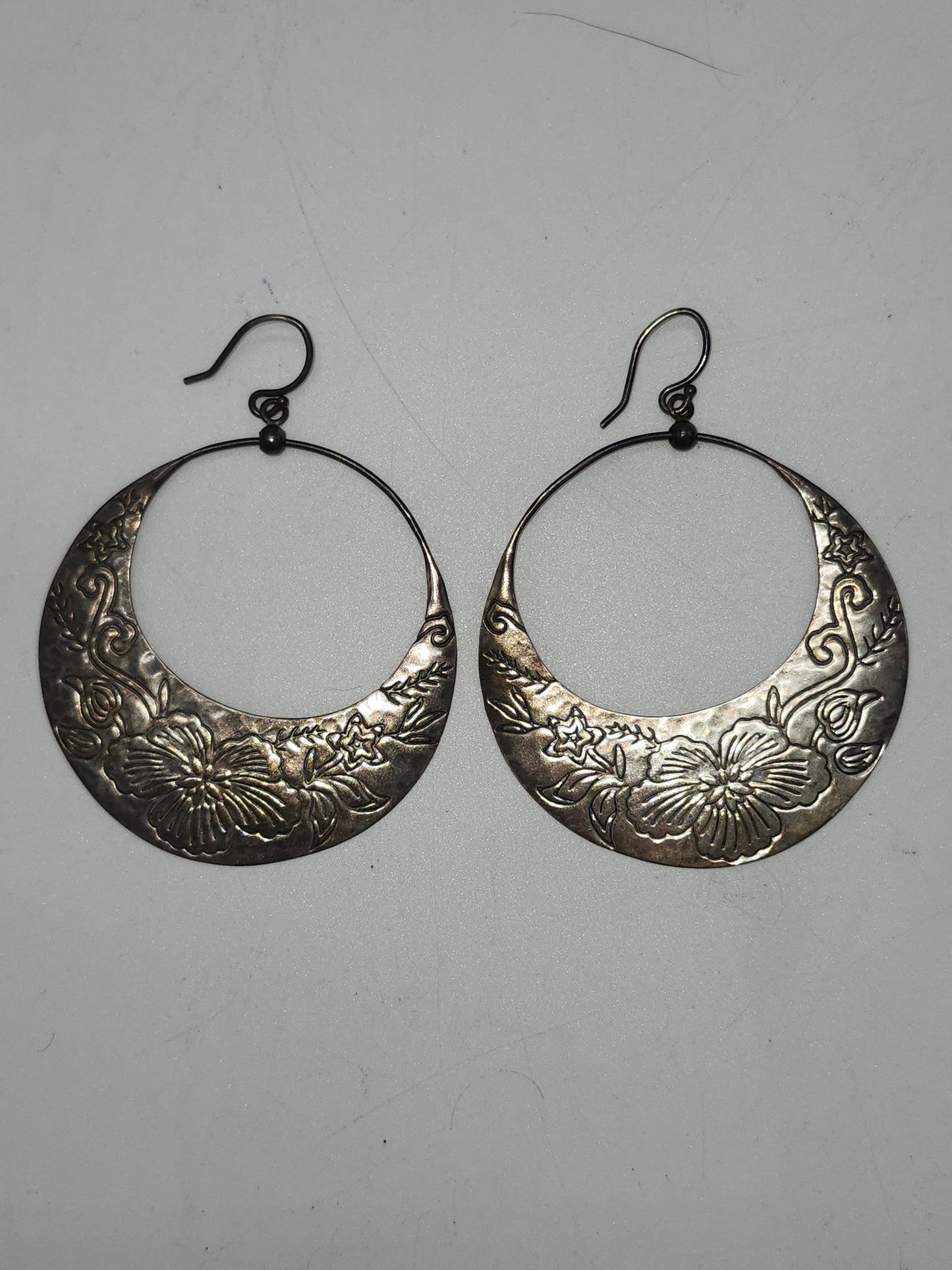 *925* Sterling Etched Floral Hoop Dangle Earrings