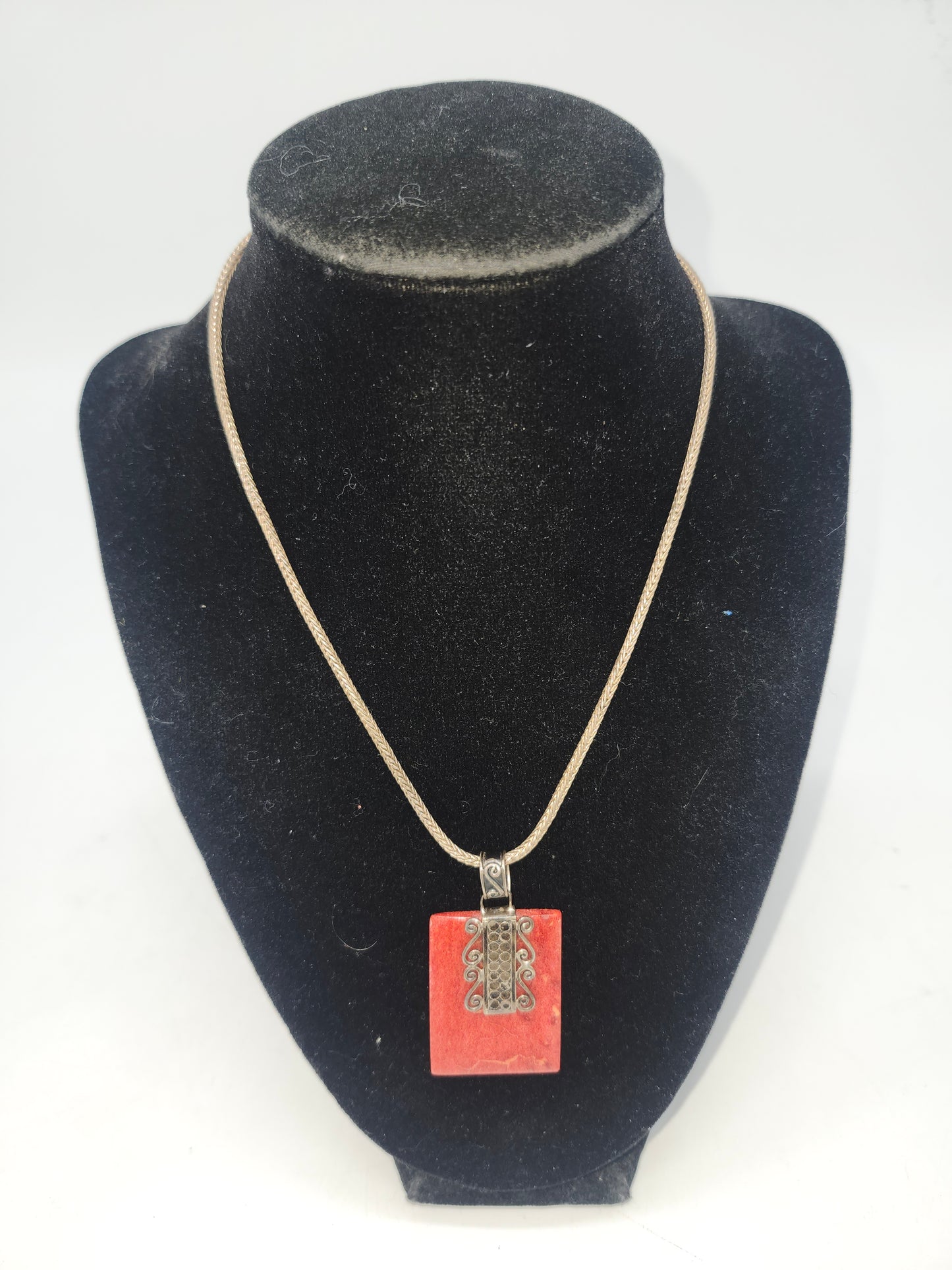 *925* Braided Sterling Chain & Pressed Coral Sterling Pendant with Filigree Work