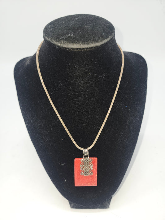 ~925~ Braided Sterling Chain & Pressed Coral Sterling Pendant with Filigree Work