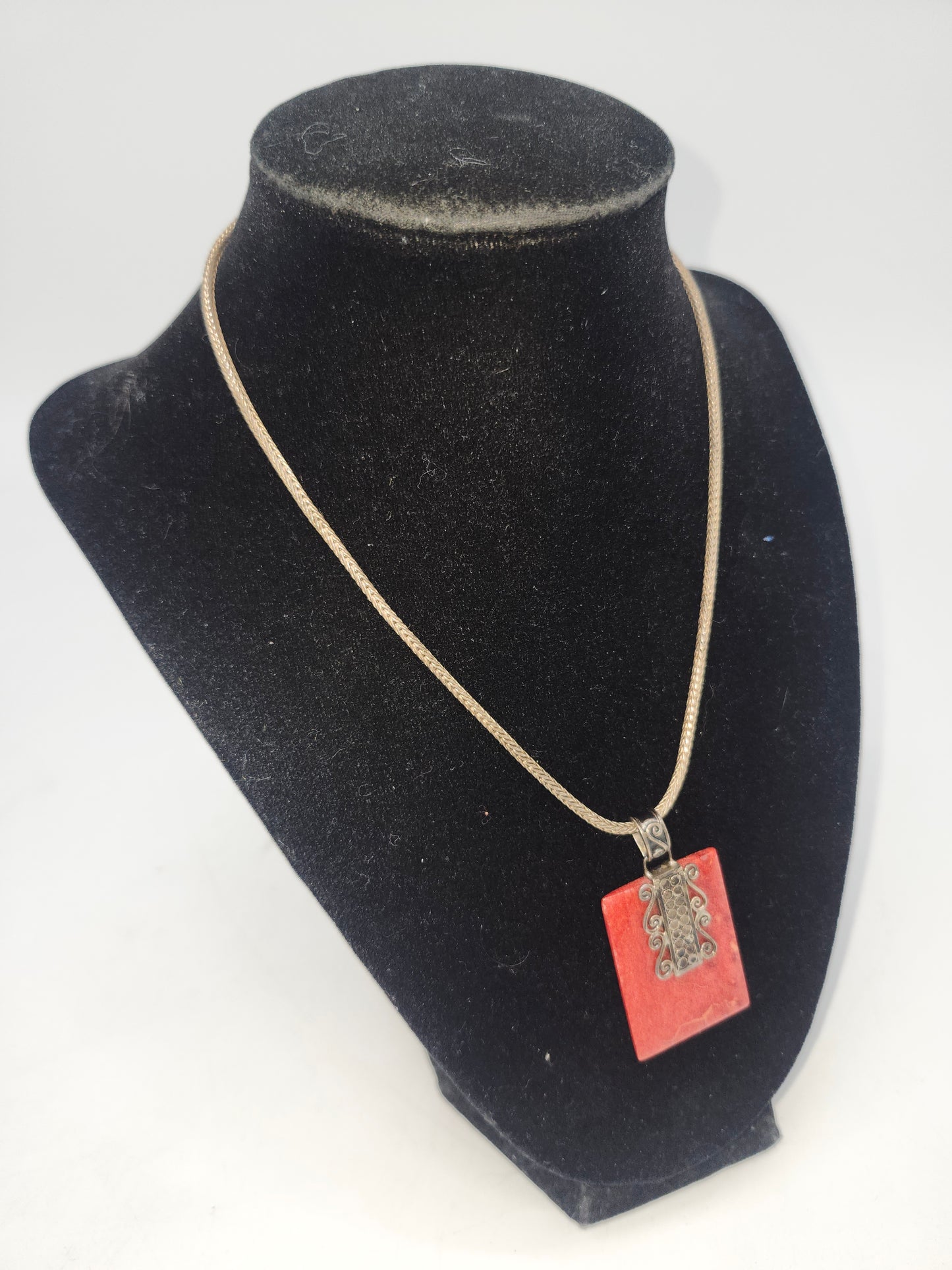 *925* Braided Sterling Chain & Pressed Coral Sterling Pendant with Filigree Work