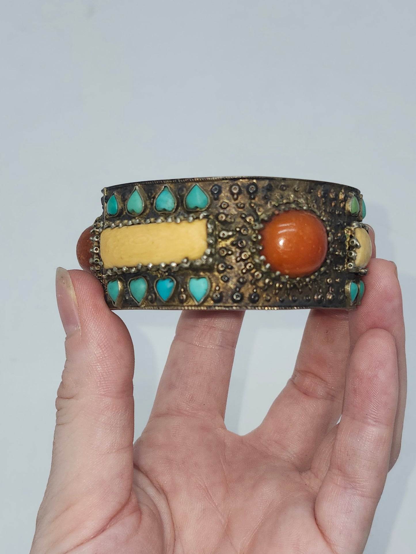 *925* Chinese Export Carved Bone, Turquoise & Carnelian Cabochon Cuff Bracelet