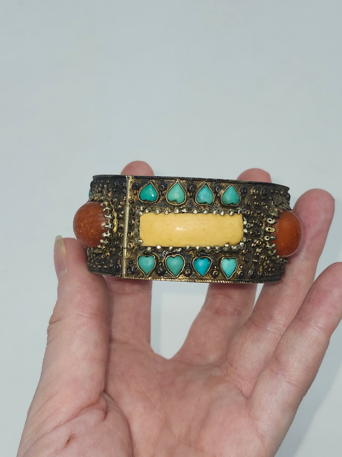 *925* Chinese Export Carved Bone, Turquoise & Carnelian Cabochon Cuff Bracelet