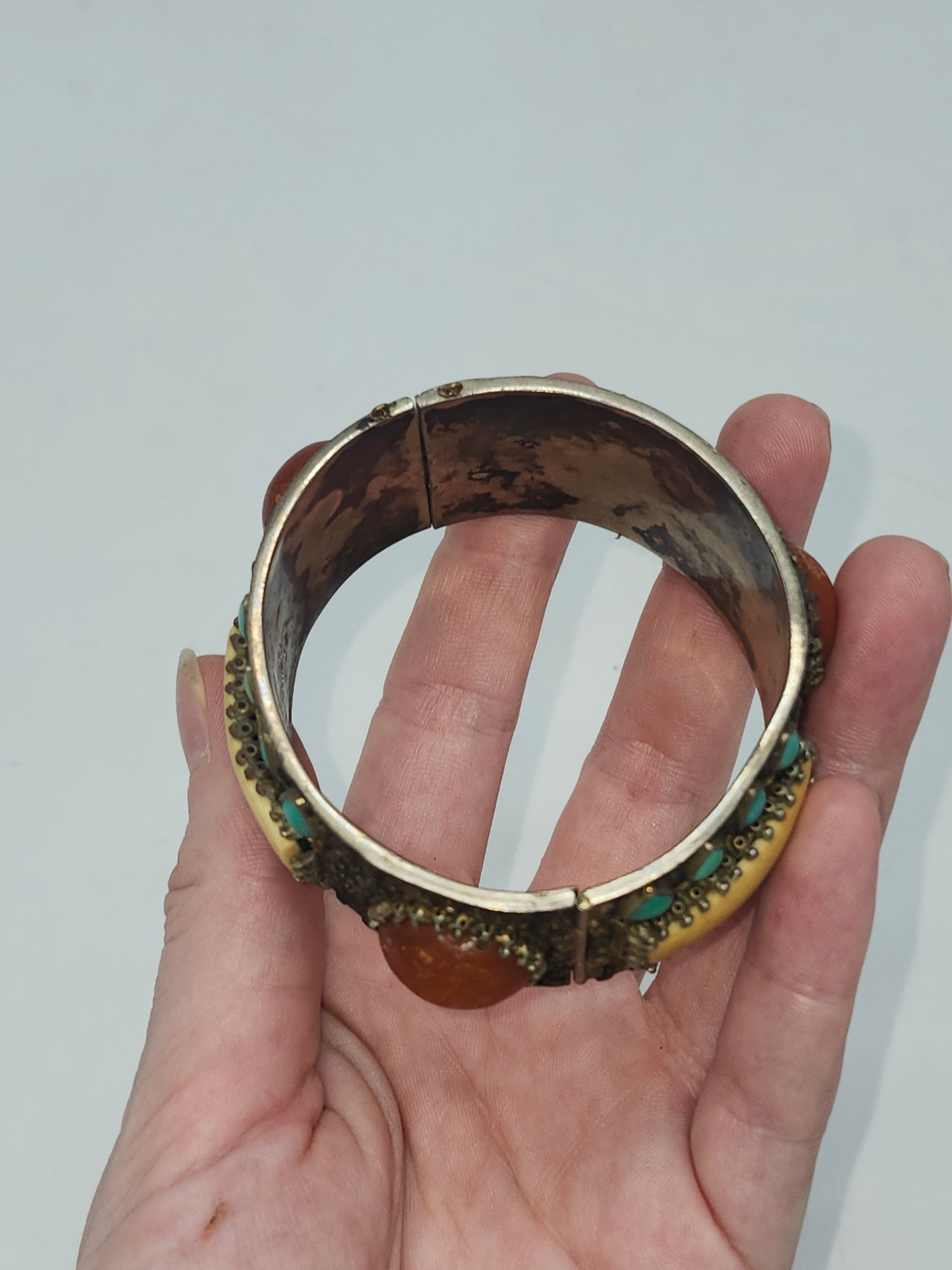 *925* Chinese Export Carved Bone, Turquoise & Carnelian Cabochon Cuff Bracelet
