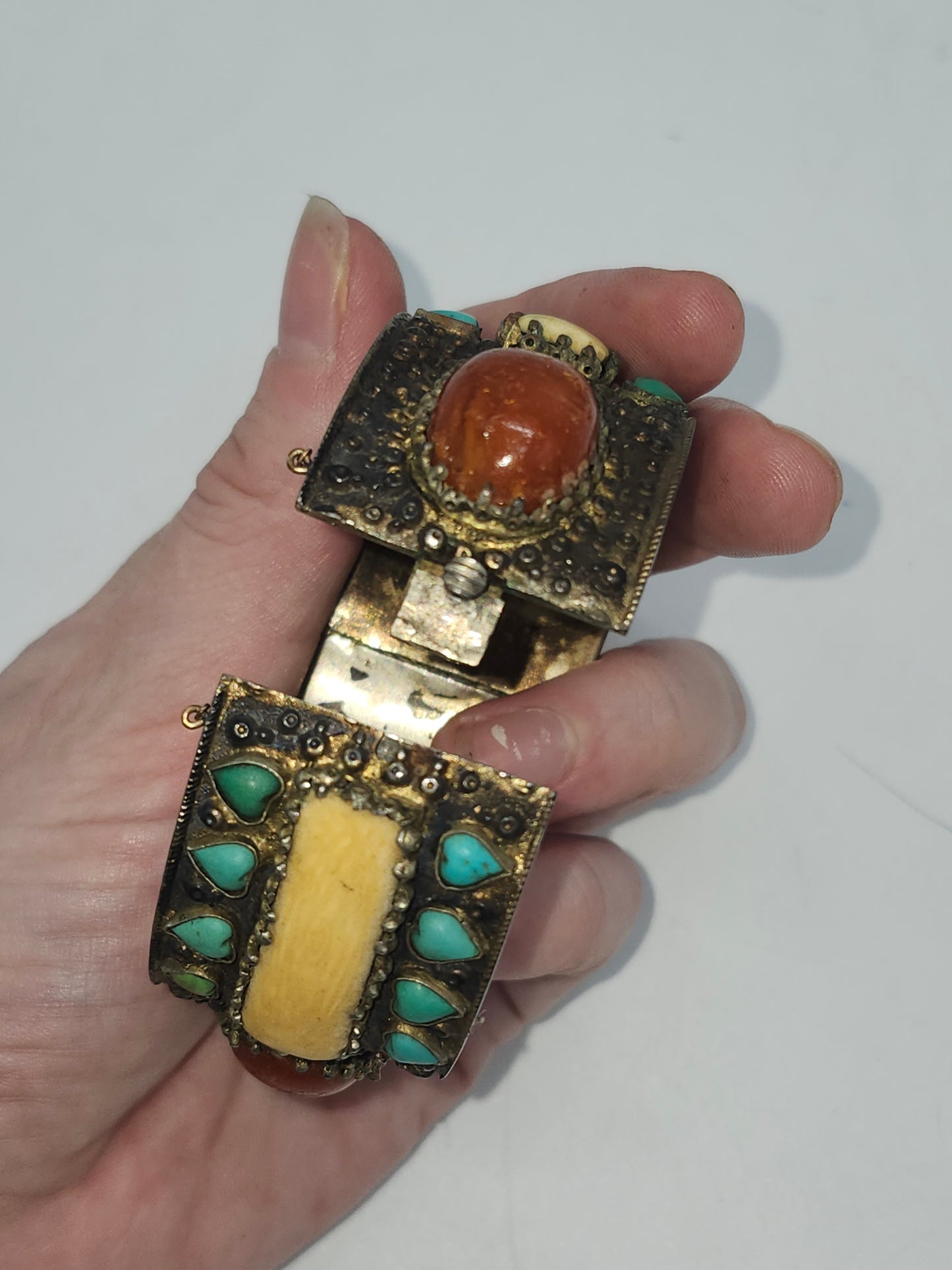 *925* Chinese Export Carved Bone, Turquoise & Carnelian Cabochon Cuff Bracelet