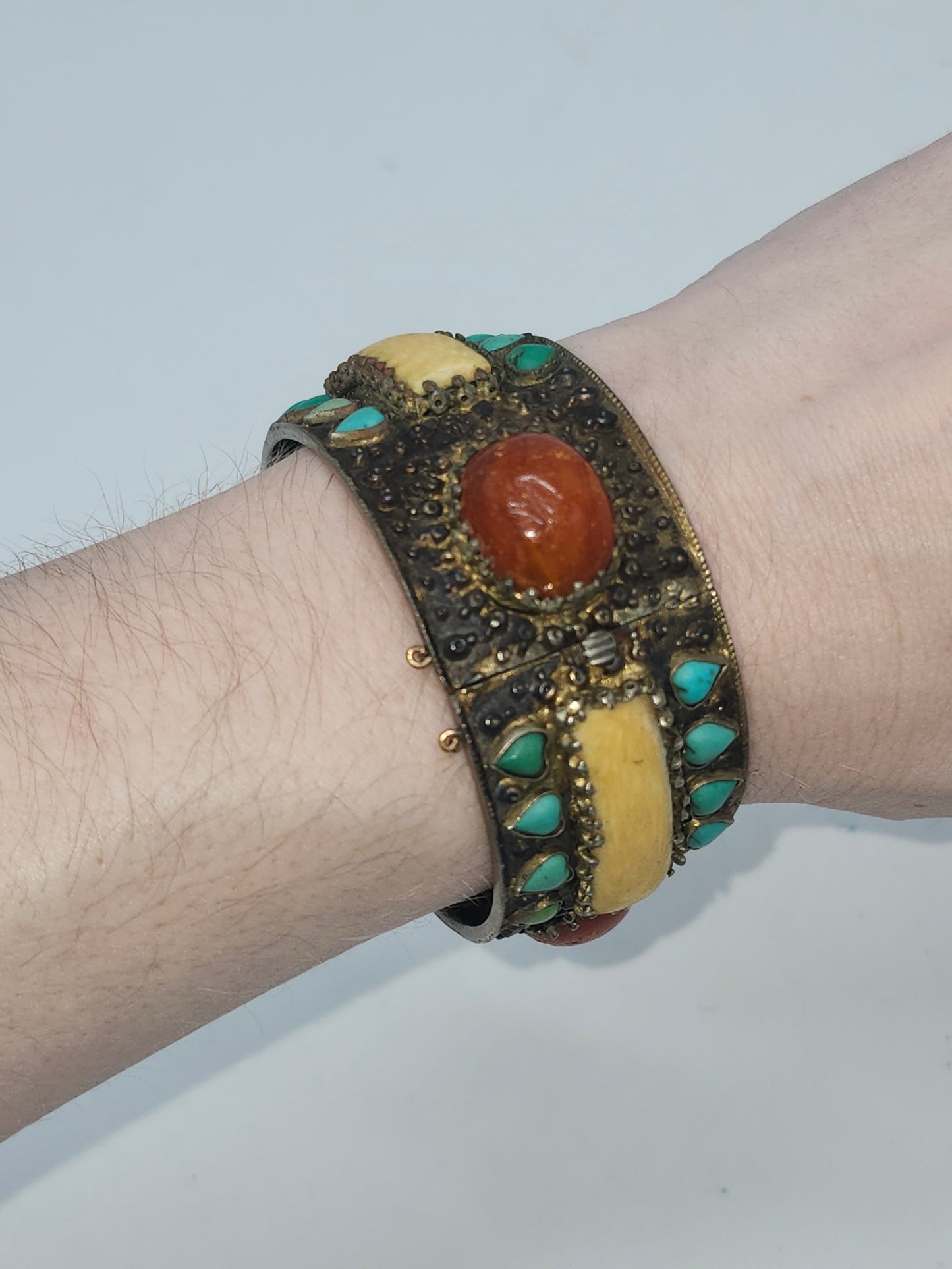 *925* Chinese Export Carved Bone, Turquoise & Carnelian Cabochon Cuff Bracelet