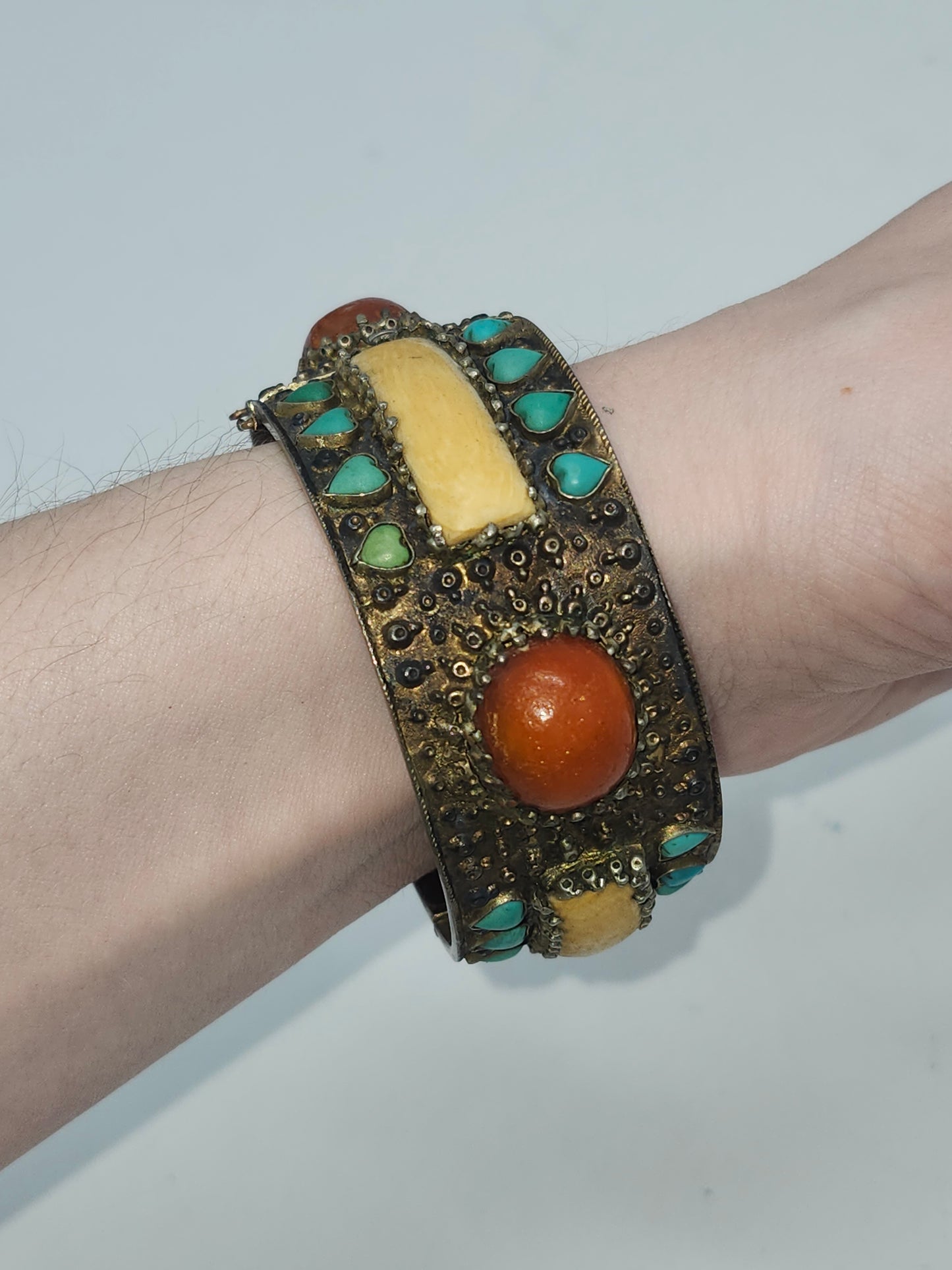 *925* Chinese Export Carved Bone, Turquoise & Carnelian Cabochon Cuff Bracelet
