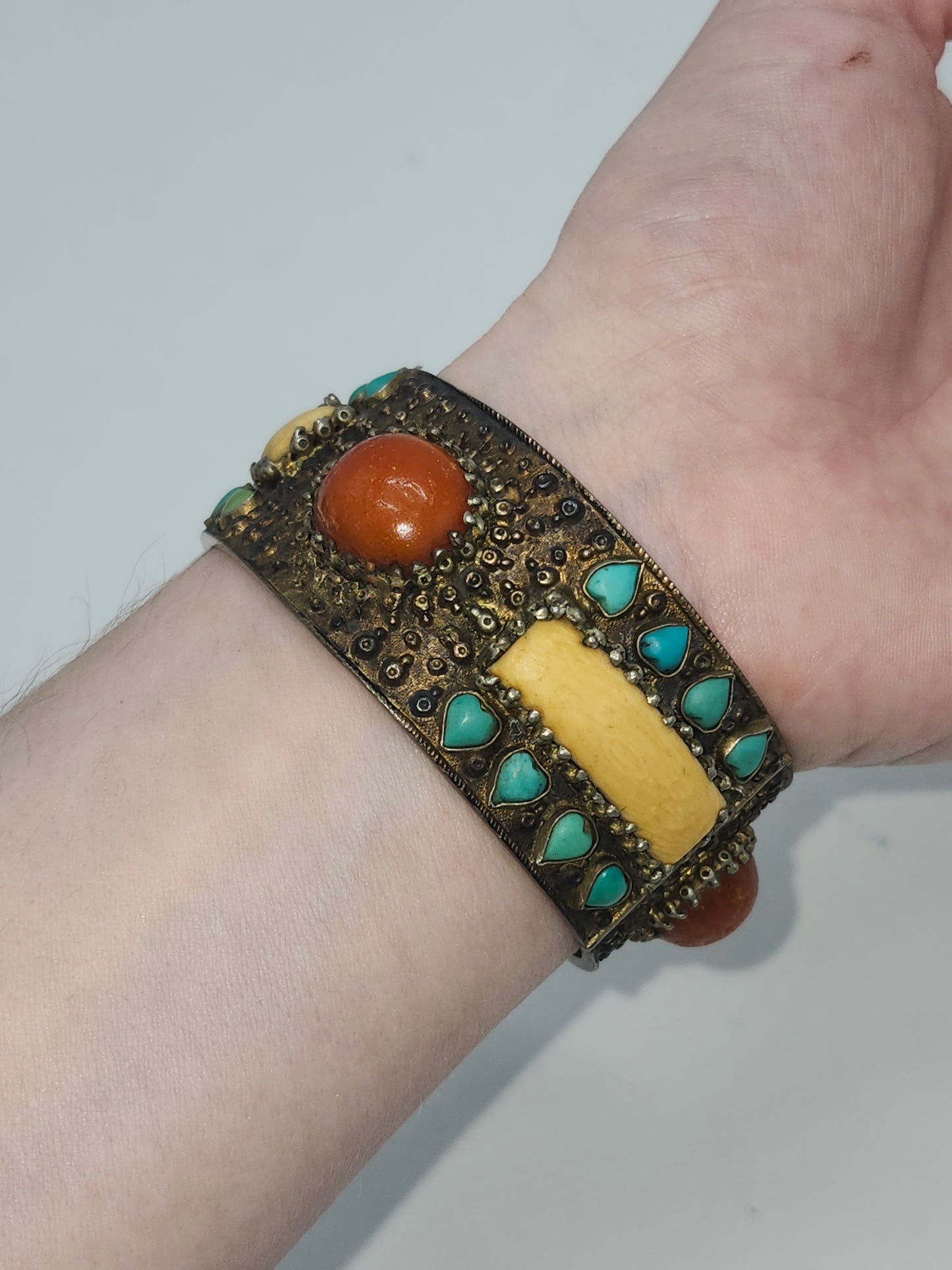 *925* Chinese Export Carved Bone, Turquoise & Carnelian Cabochon Cuff Bracelet