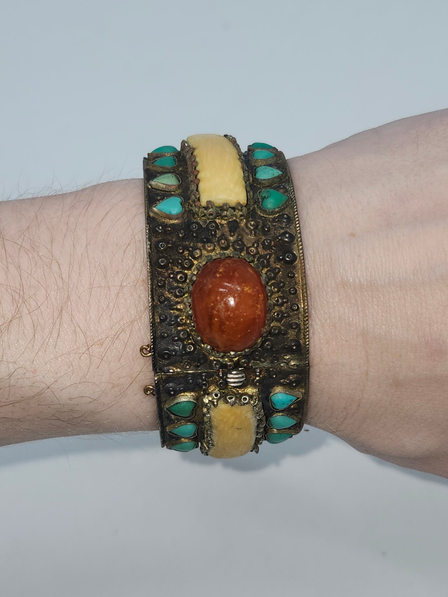 *925* Chinese Export Carved Bone, Turquoise & Carnelian Cabochon Cuff Bracelet