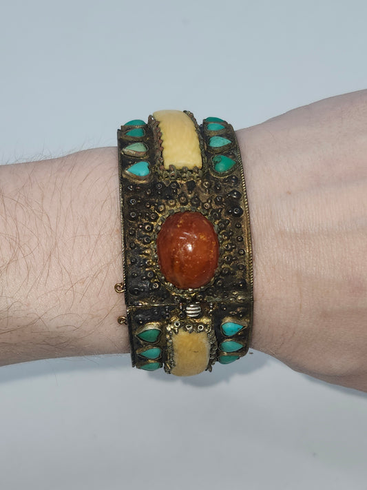 ~925~ Chinese Export Carved Bone, Turquoise & Carnelian Cabochon Cuff Bracelet