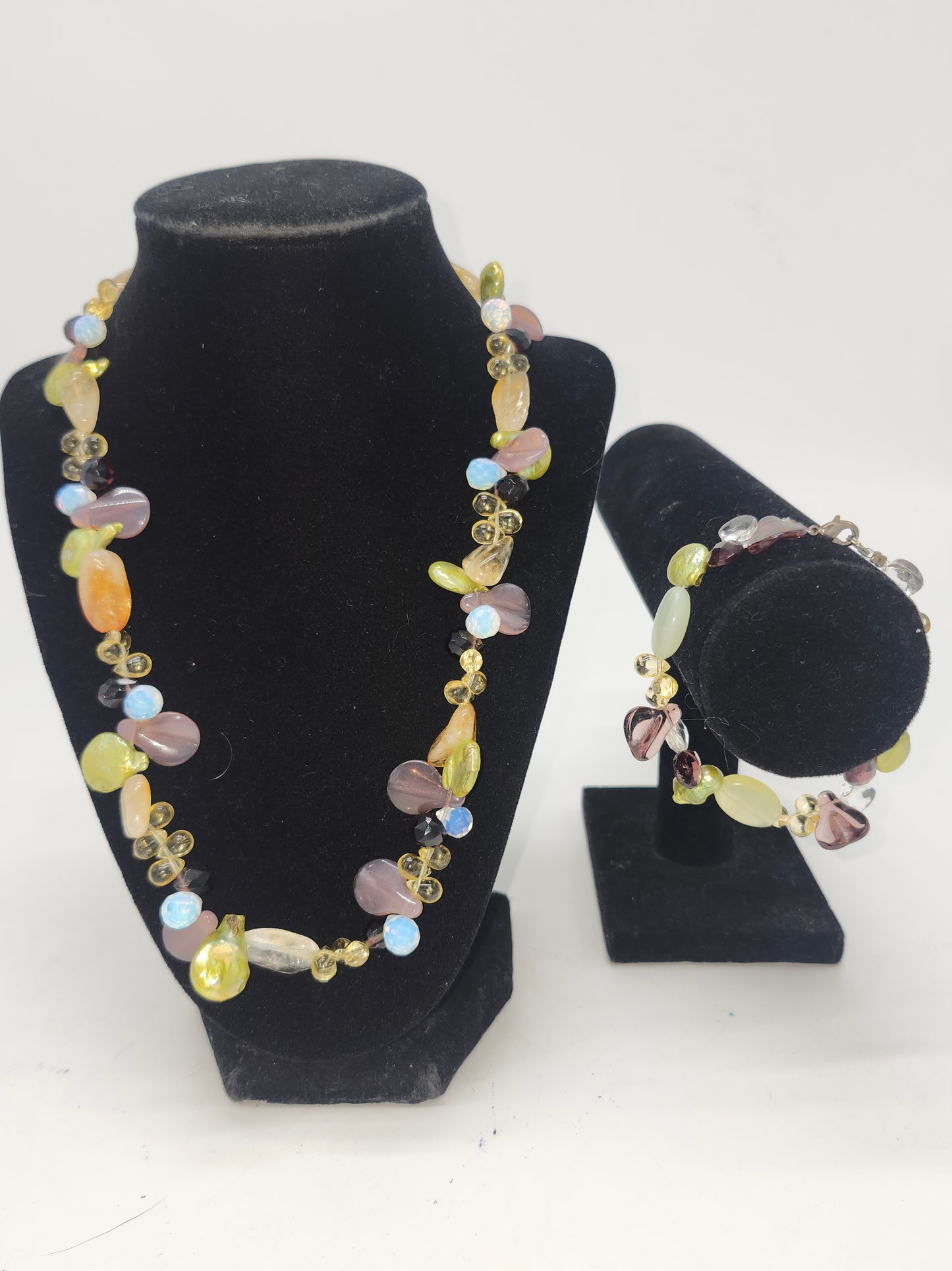 *Gemstone* Opalescent Glass Bead & Real Pearl Necklace / Bracelet Set