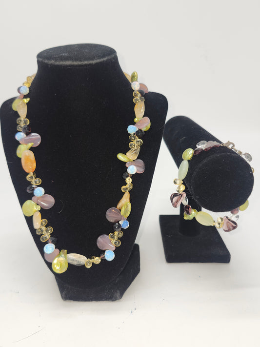 ~Gemstone~ Opalescent Glass Bead & Real Pearl Necklace / Bracelet Set