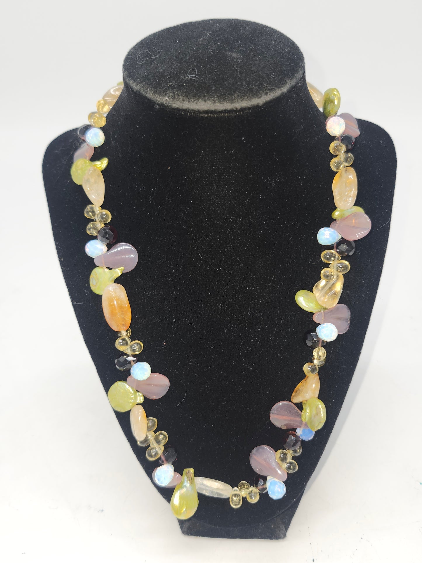 *Gemstone* Opalescent Glass Bead & Real Pearl Necklace / Bracelet Set