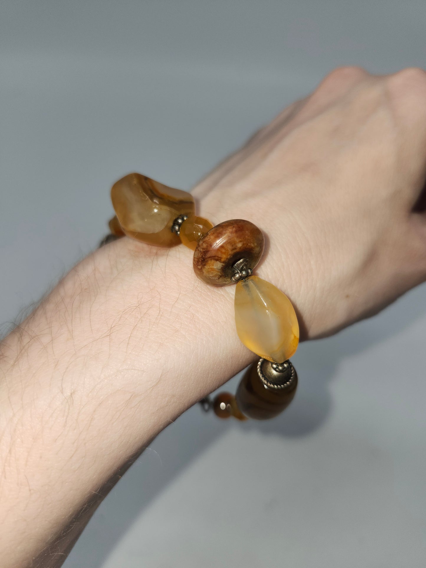 *925* Sterling, Polished Agate, Carnelian Chunky Beaded Bracelet