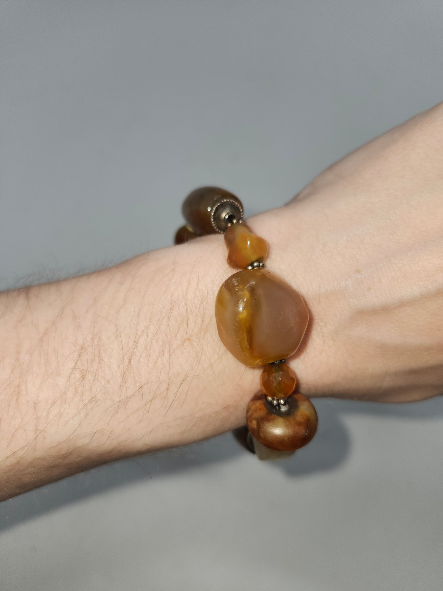 *925* Sterling, Polished Agate, Carnelian Chunky Beaded Bracelet