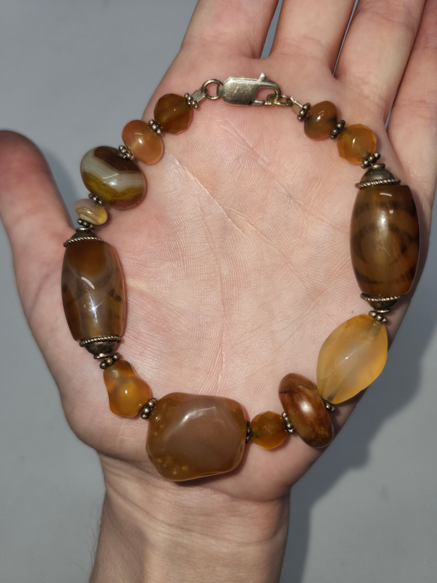 *925* Sterling, Polished Agate, Carnelian Chunky Beaded Bracelet