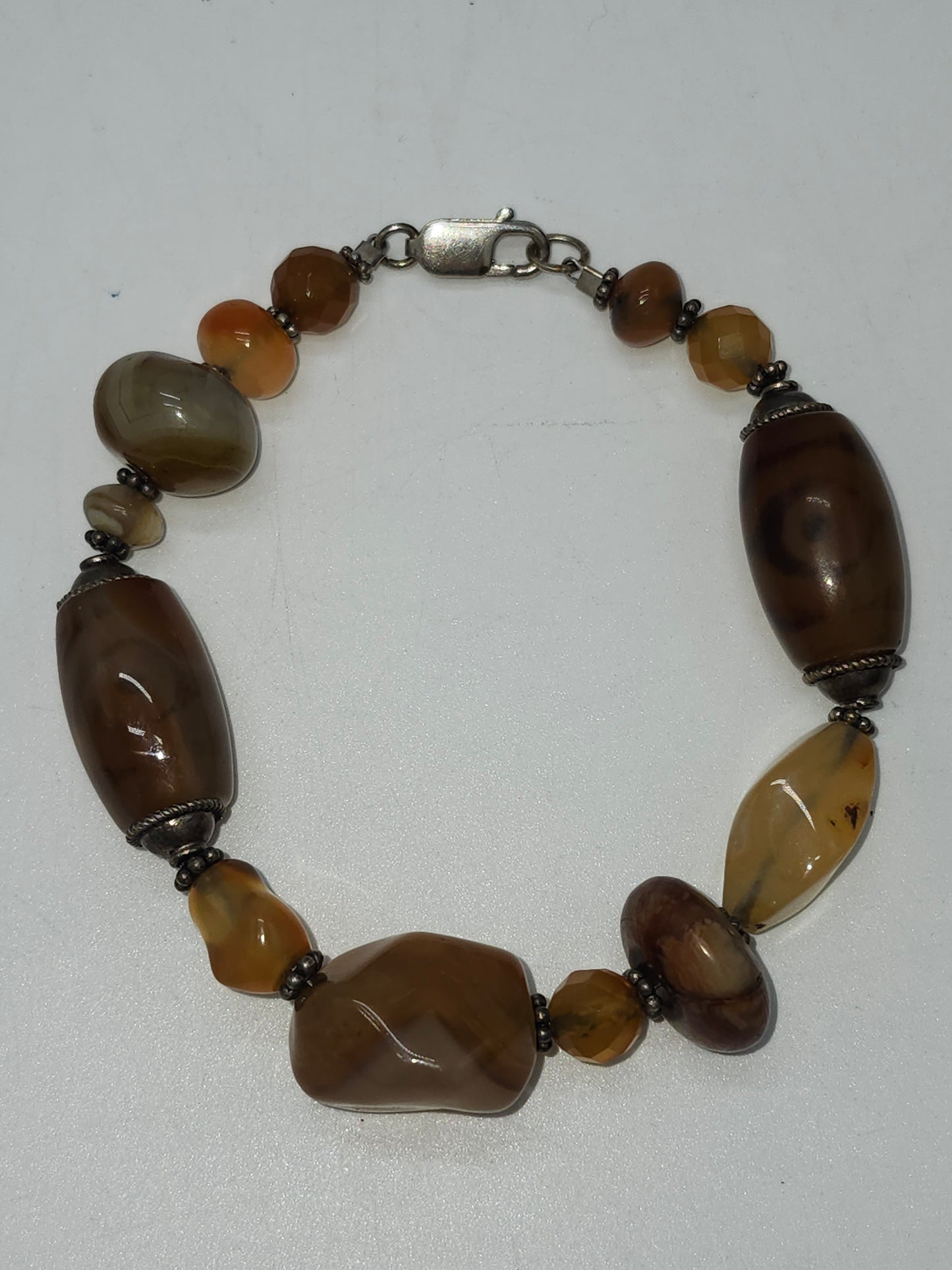 *925* Sterling, Polished Agate, Carnelian Chunky Beaded Bracelet