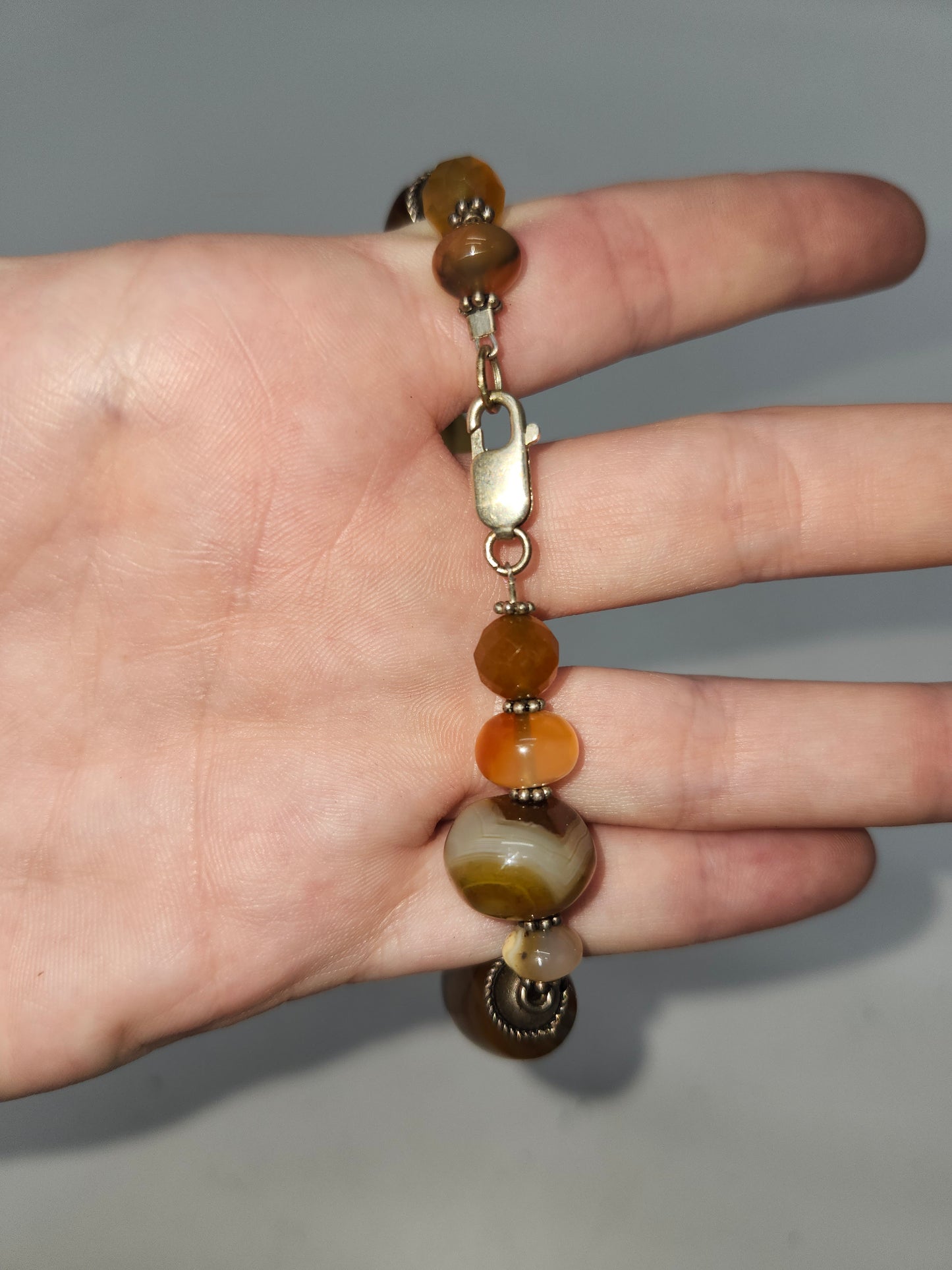 *925* Sterling, Polished Agate, Carnelian Chunky Beaded Bracelet