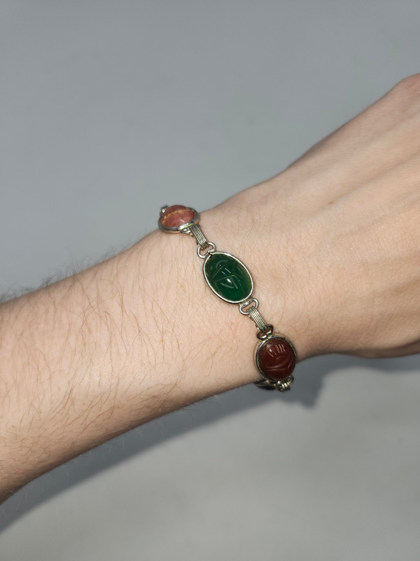 *12K* Gold-Filled Carved Gemstone Scarab Beatle Bracelet Egyptian Revival