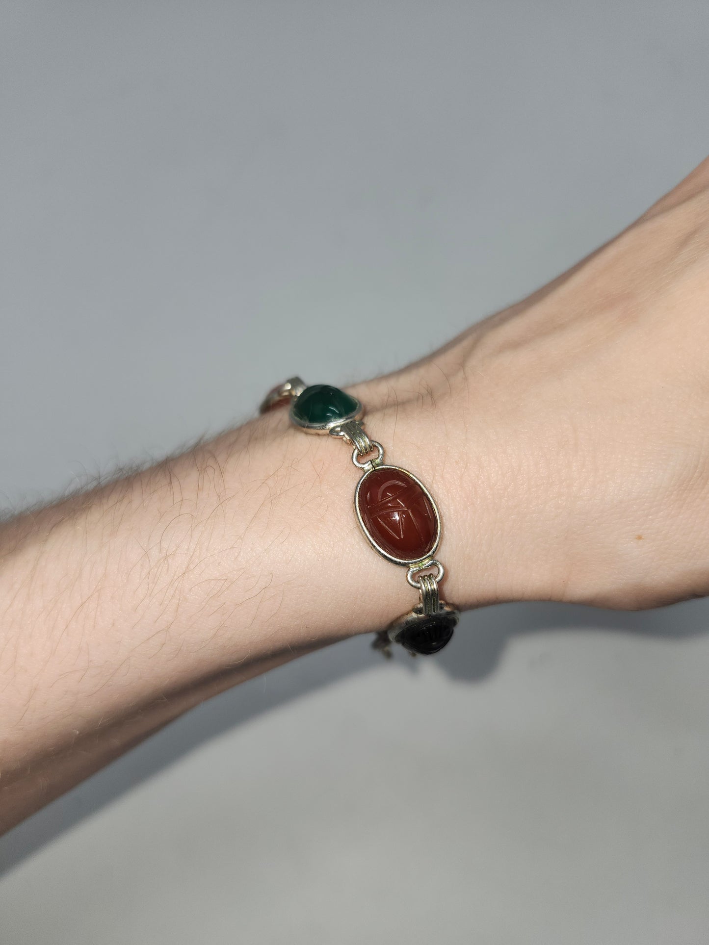 *12K* Gold-Filled Carved Gemstone Scarab Beatle Bracelet Egyptian Revival