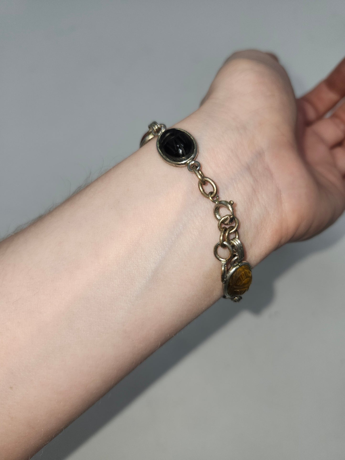 *12K* Gold-Filled Carved Gemstone Scarab Beatle Bracelet Egyptian Revival