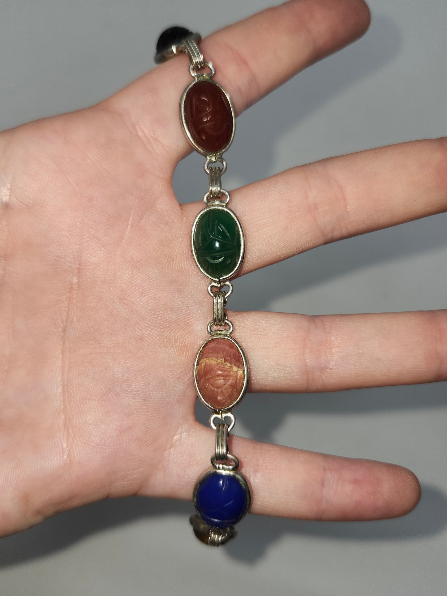 *12K* Gold-Filled Carved Gemstone Scarab Beatle Bracelet Egyptian Revival