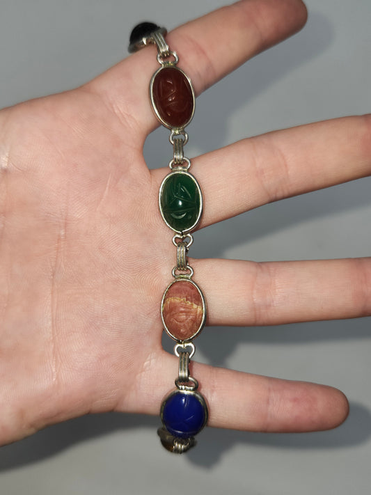 12K Gold-Filled Carved Gemstone Scarab Beatle Bracelet Egyptian Revival
