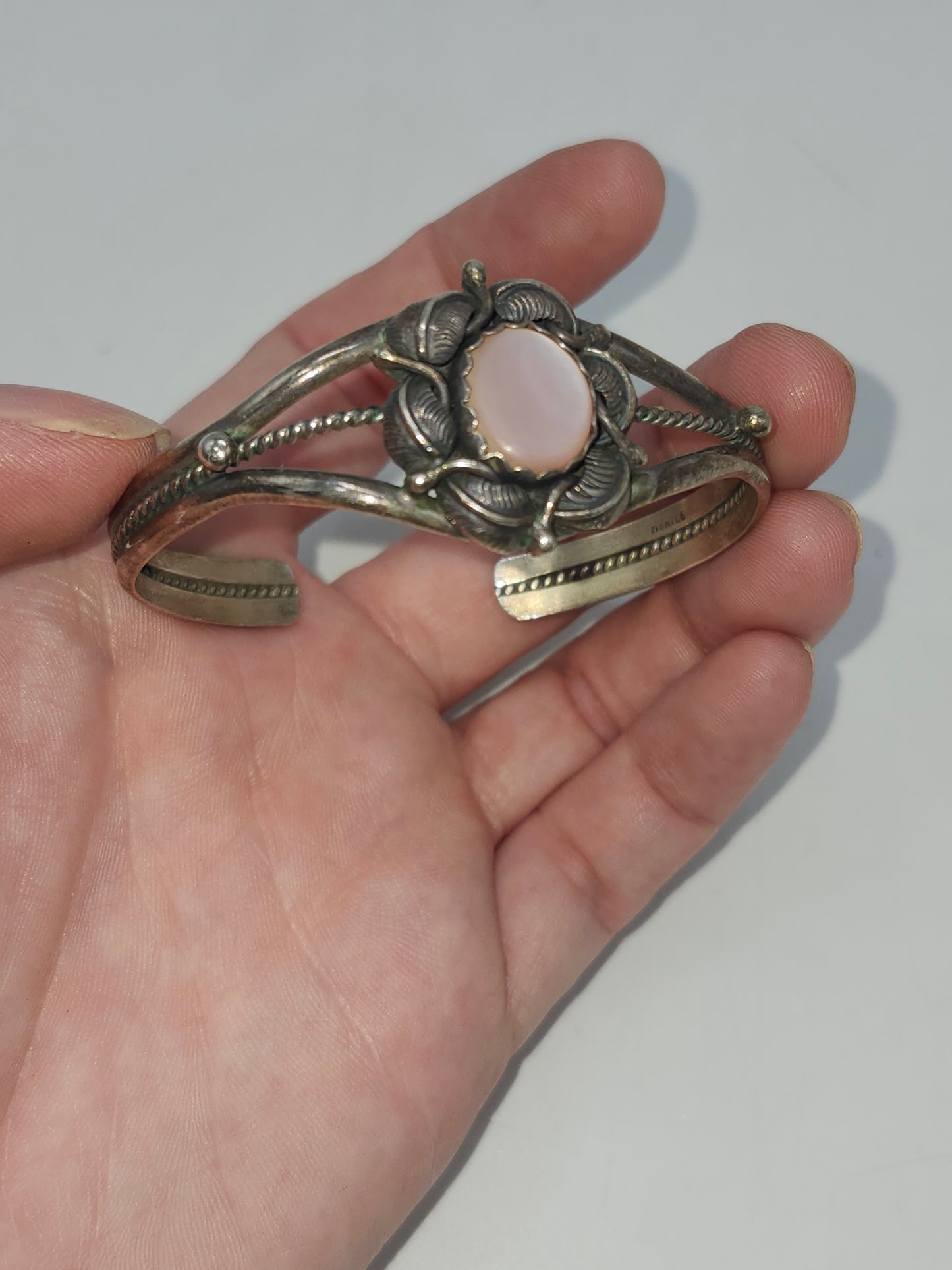 *925* Sterling Navajo Signed Mother of Pearl Cuff Bracelet by Ellen Myrtle
