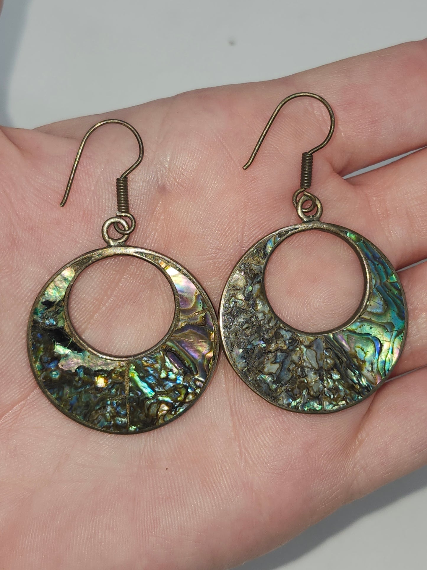 *925* Sterling & Abalone Taxco, Mexican Hoop Dangle Earrings
