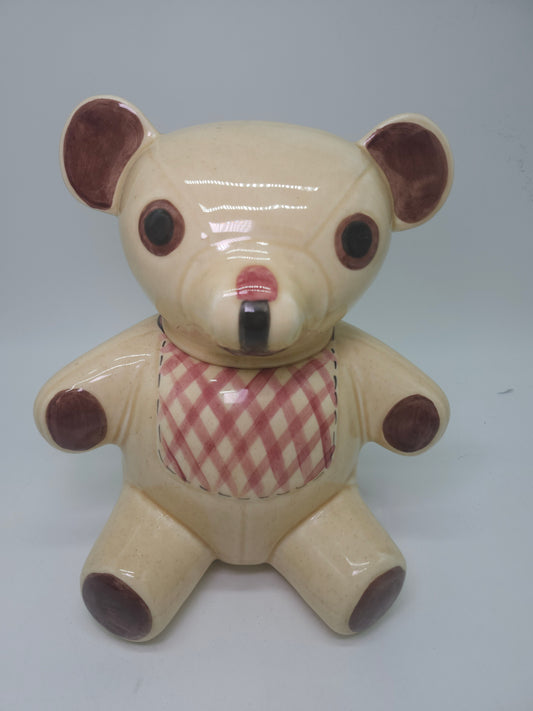 -Cottage Core- Ceramic Plaid Teddy Bear with Bows Cookie Jar