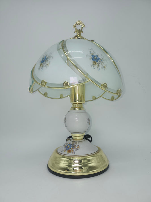 -Vintage- Brass Domed Panel Glass Floral Motif Touch Lamp