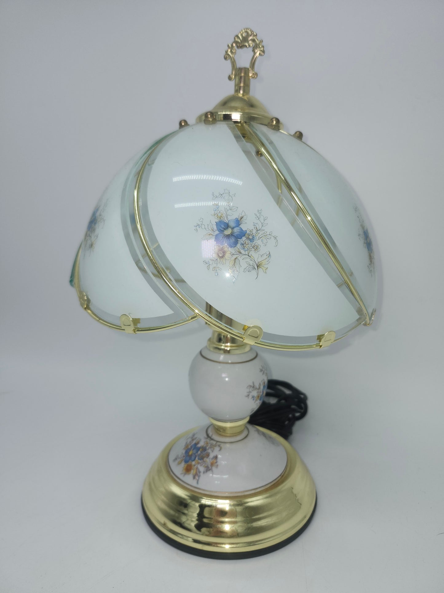 *Vintage* Brass Domed Panel Glass Floral Motif Touch Lamp