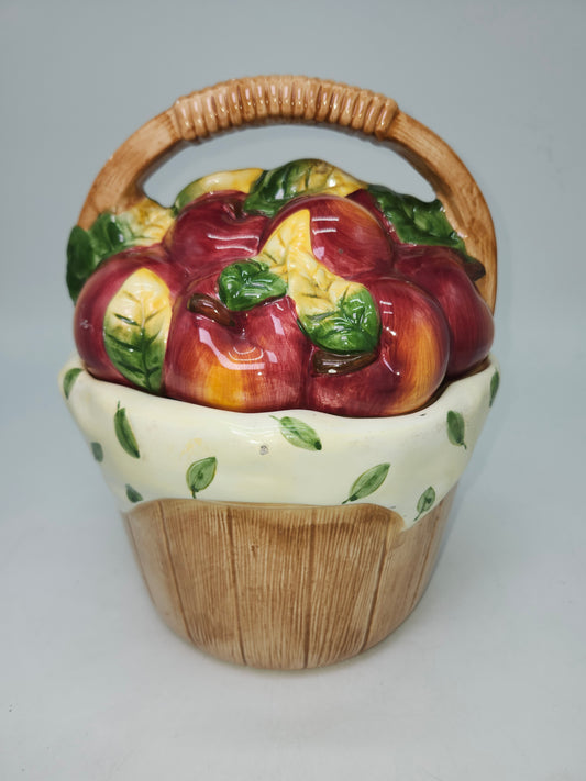 -Cottage Core- Ceramic Apple Basket Cookie Jar Hand Painted