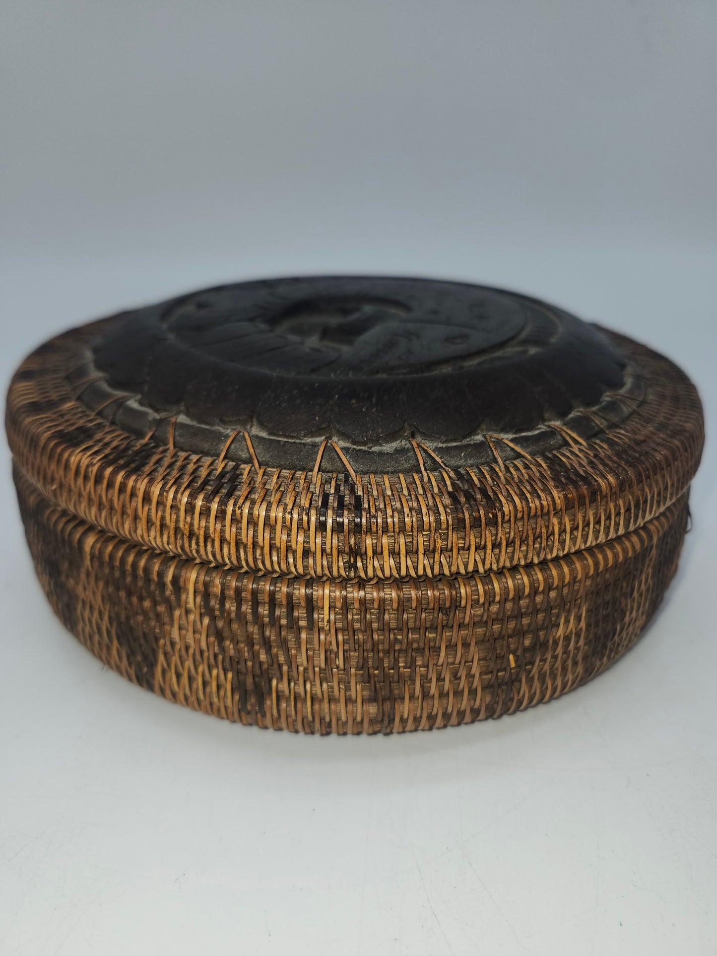 *Indonesian* Hand-Woven & Carved Rattan Trinket Box with Wooden Lid