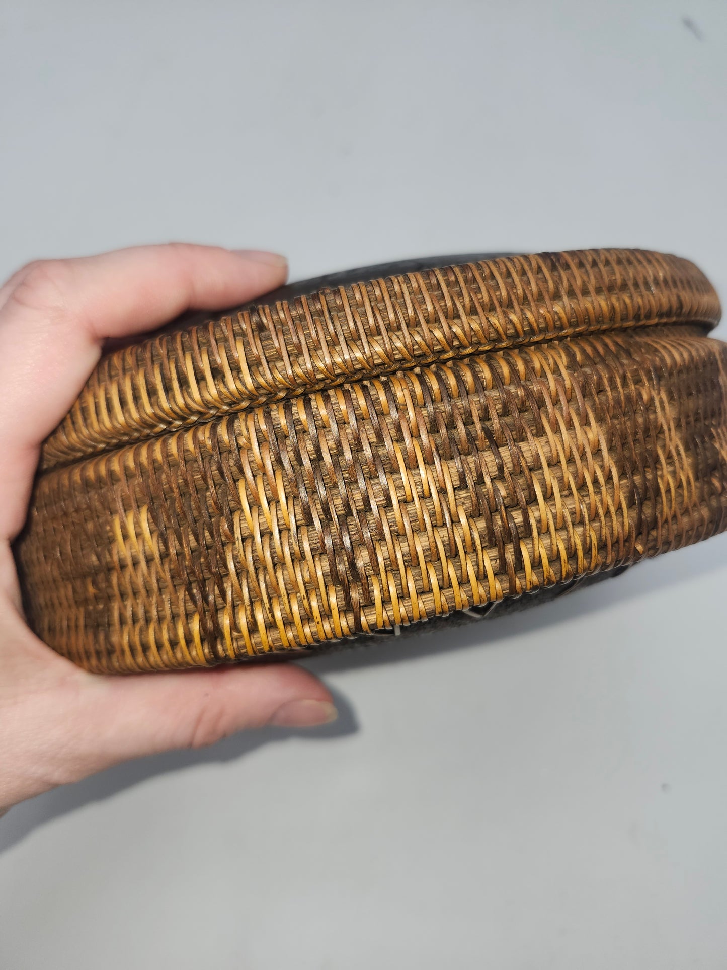 *Indonesian* Hand-Woven & Carved Rattan Trinket Box with Wooden Lid
