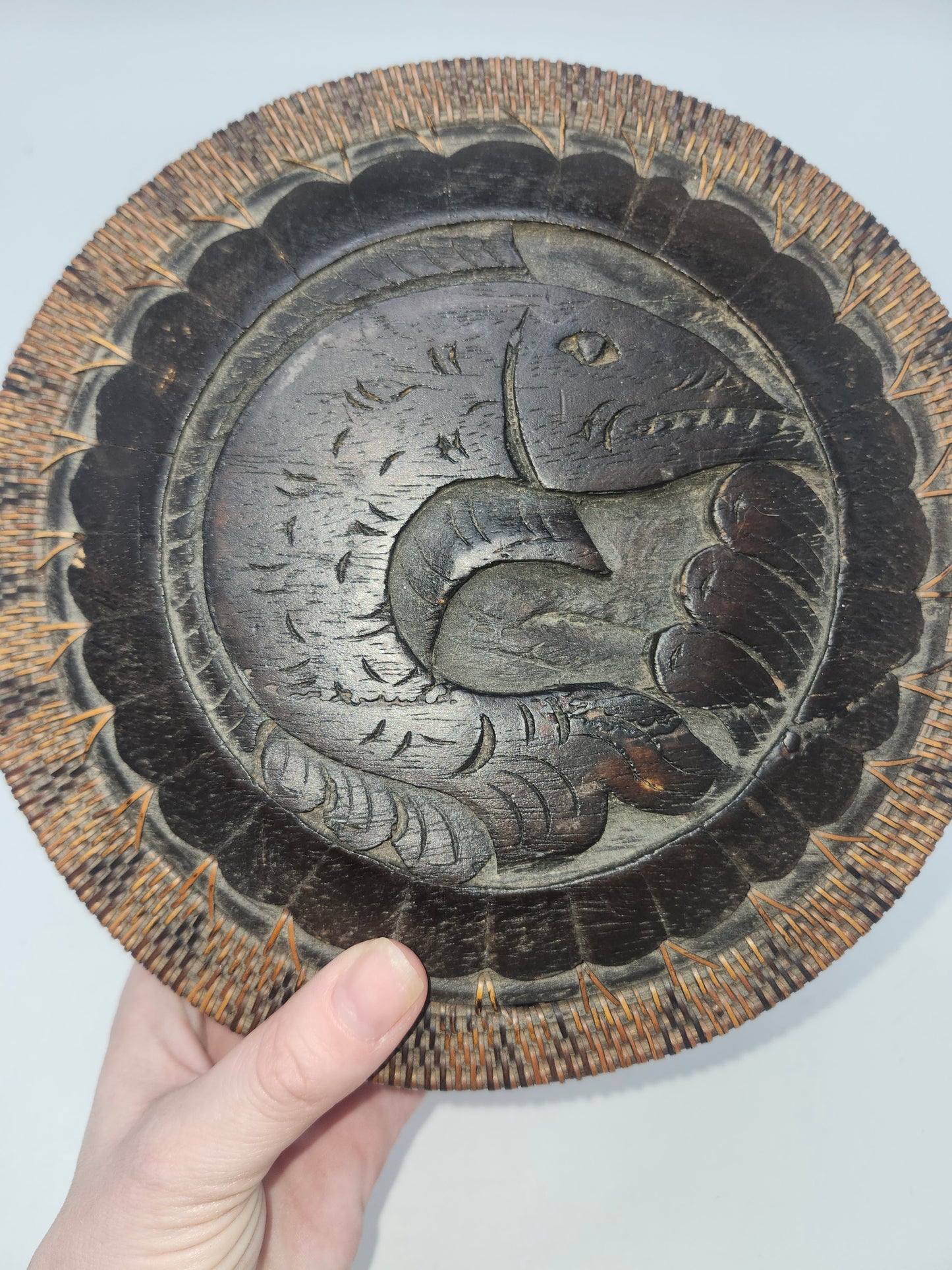 *Indonesian* Hand-Woven & Carved Rattan Trinket Box with Wooden Lid