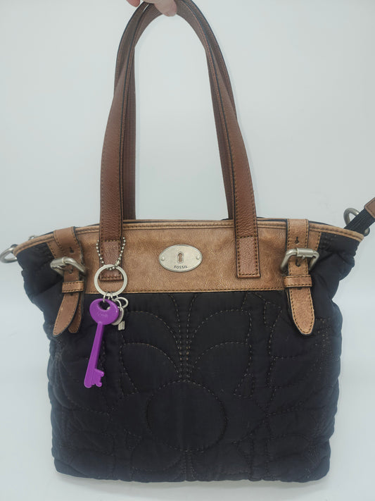 *Fossil* "Key-Per" Quilted Floral Fabric Shoulder Bag w/ Leather Trim & Bag Charms