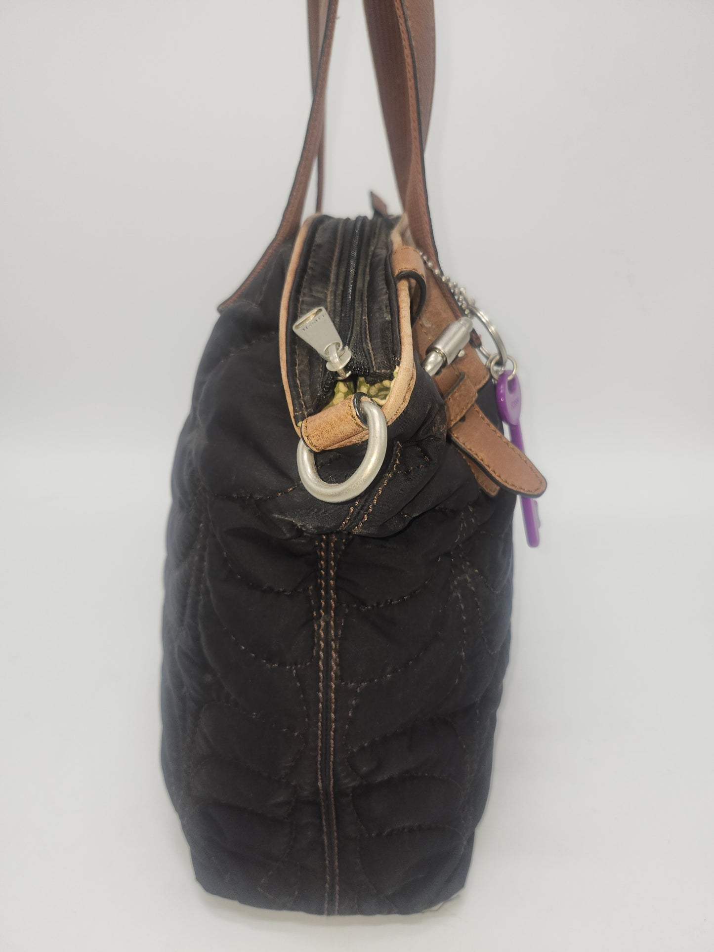 *Fossil* "Key-Per" Quilted Floral Fabric Shoulder Bag w/ Leather Trim & Bag Charms