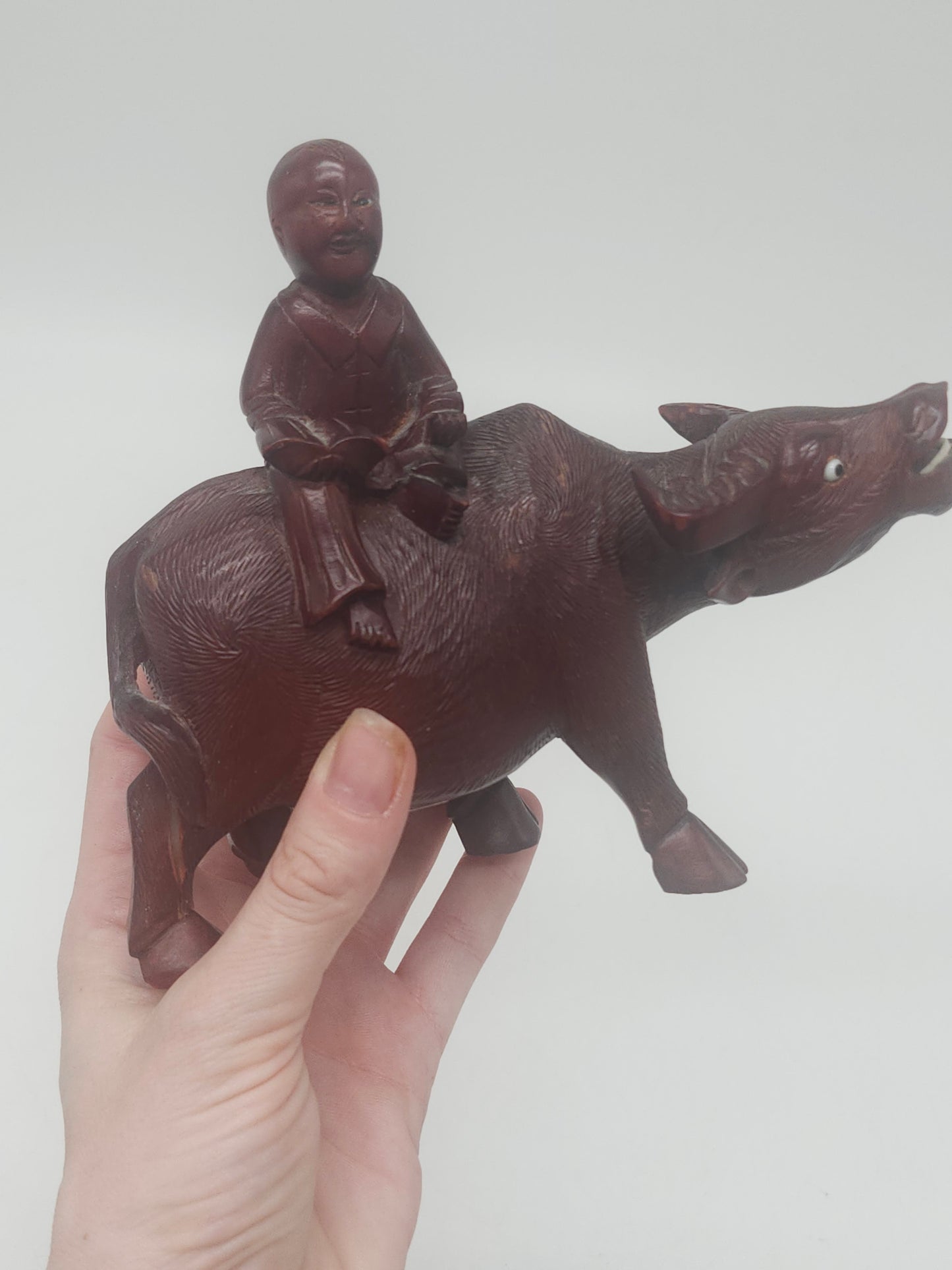 *Antique Chinese* Hand-Carved Rosewood Ox & Farmer Figurine