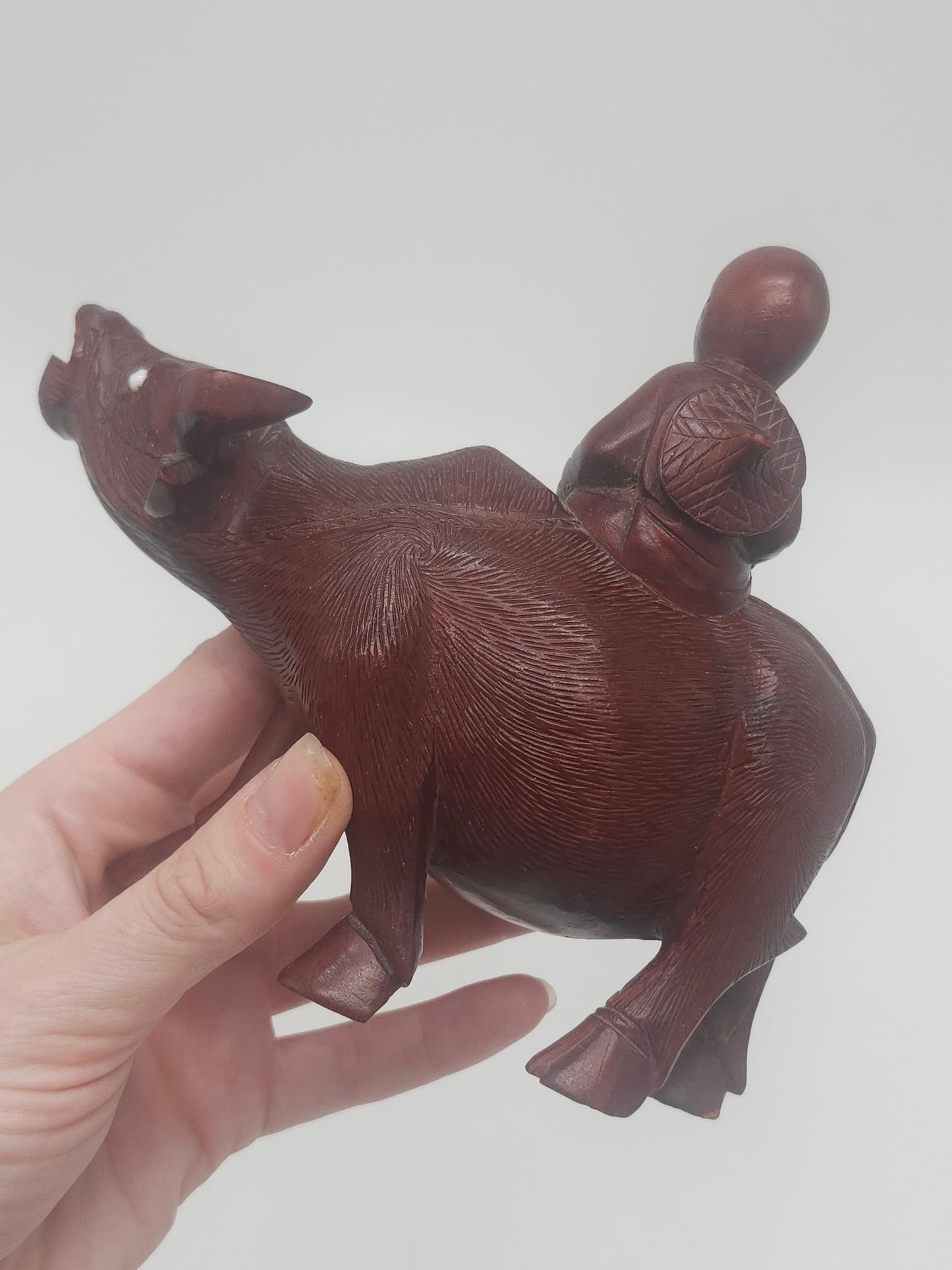 *Antique Chinese* Hand-Carved Rosewood Ox & Farmer Figurine